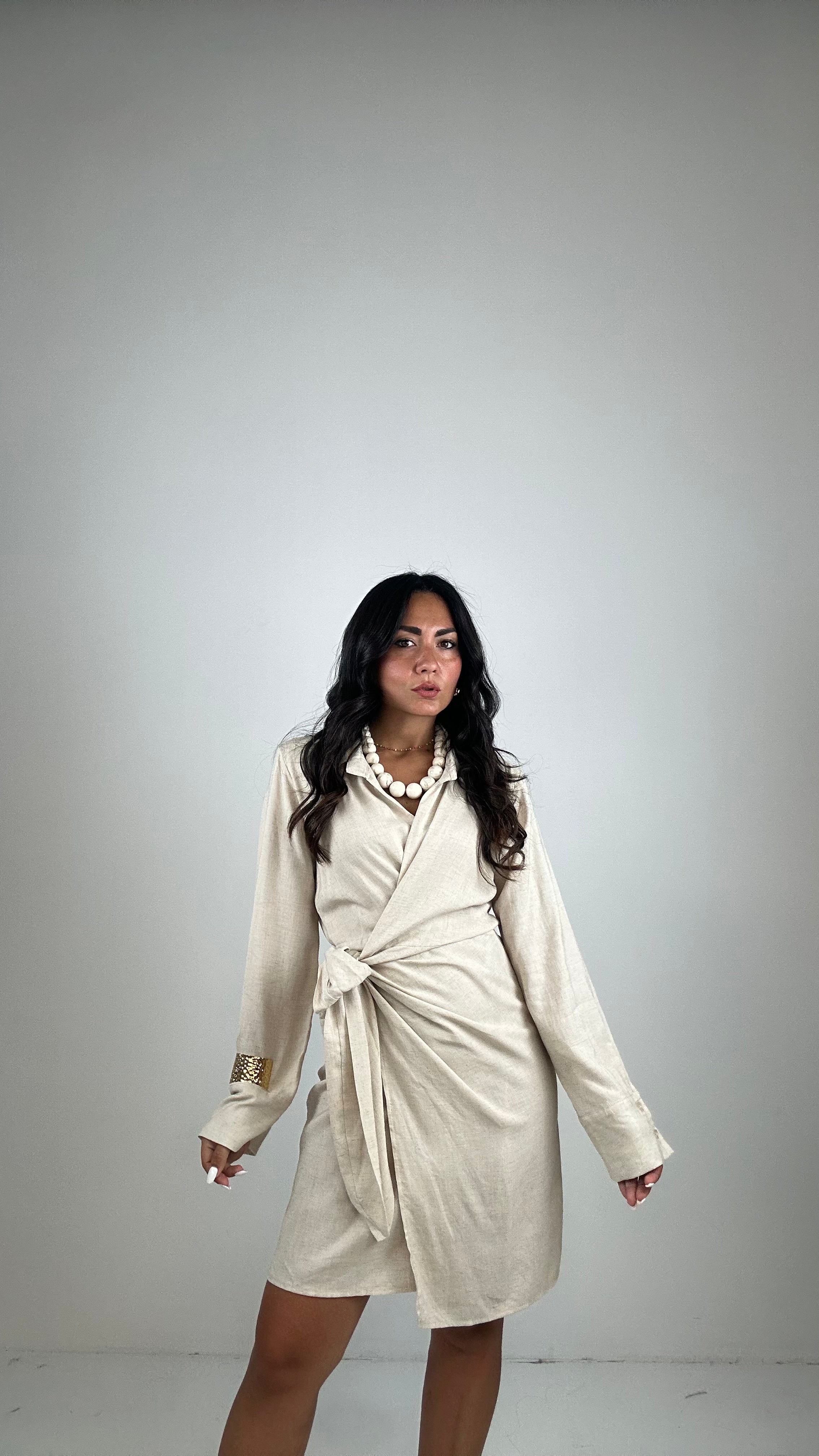 Vestito PORTAFOGLIO 55% LINO - BEIGE