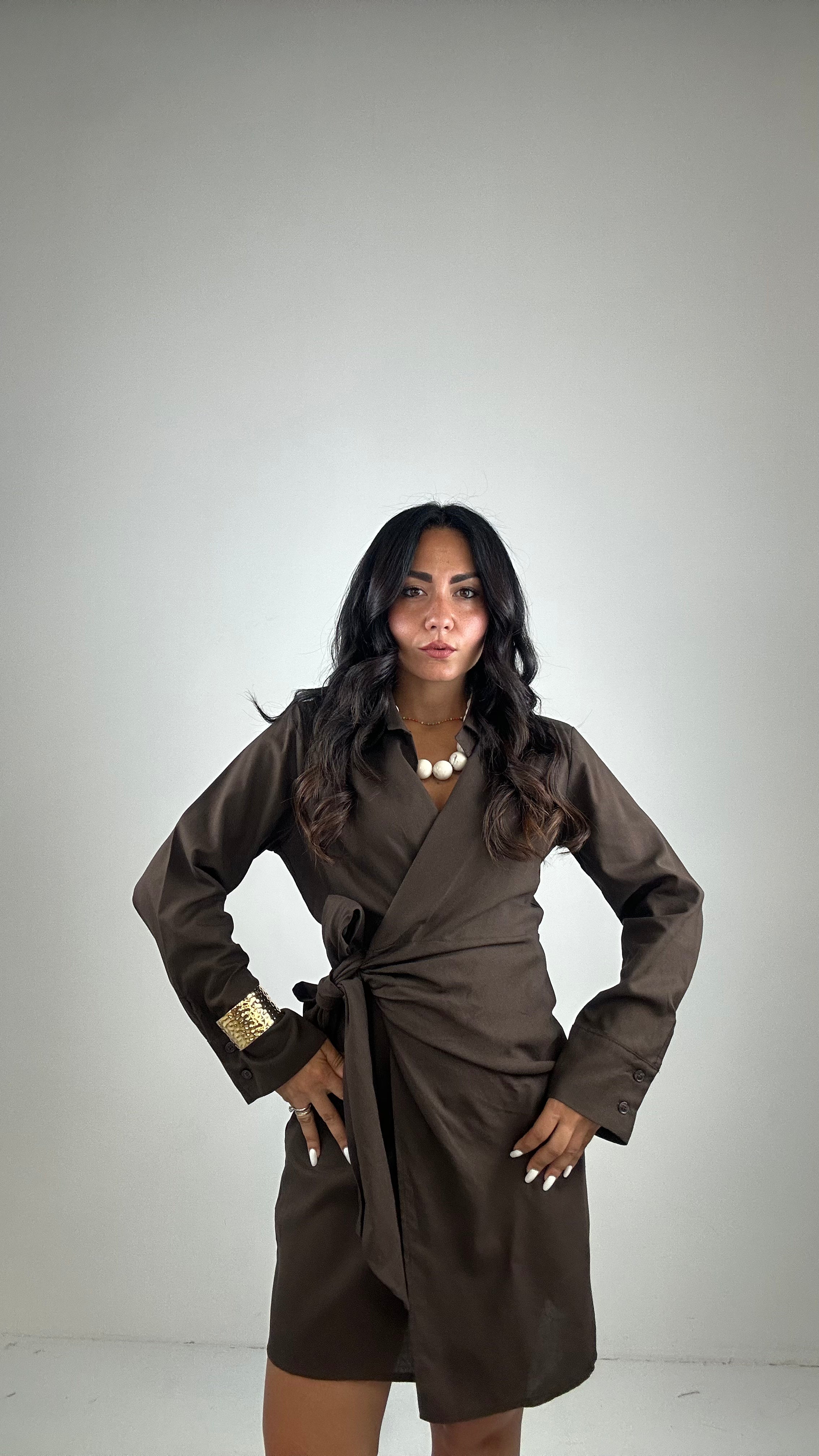 Vestito PORTAFOGLIO 55% LINO - MARRONE