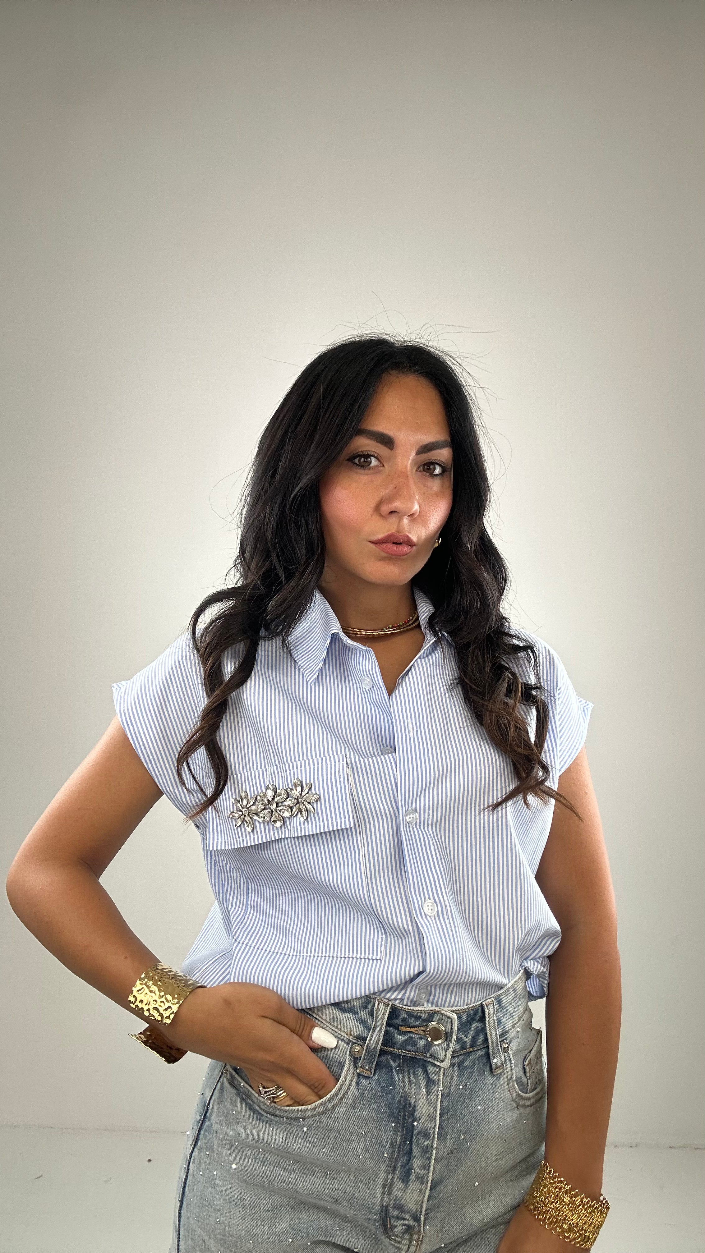 Camicia RIGHE TASCHINO GIOIELLO - CELESTE