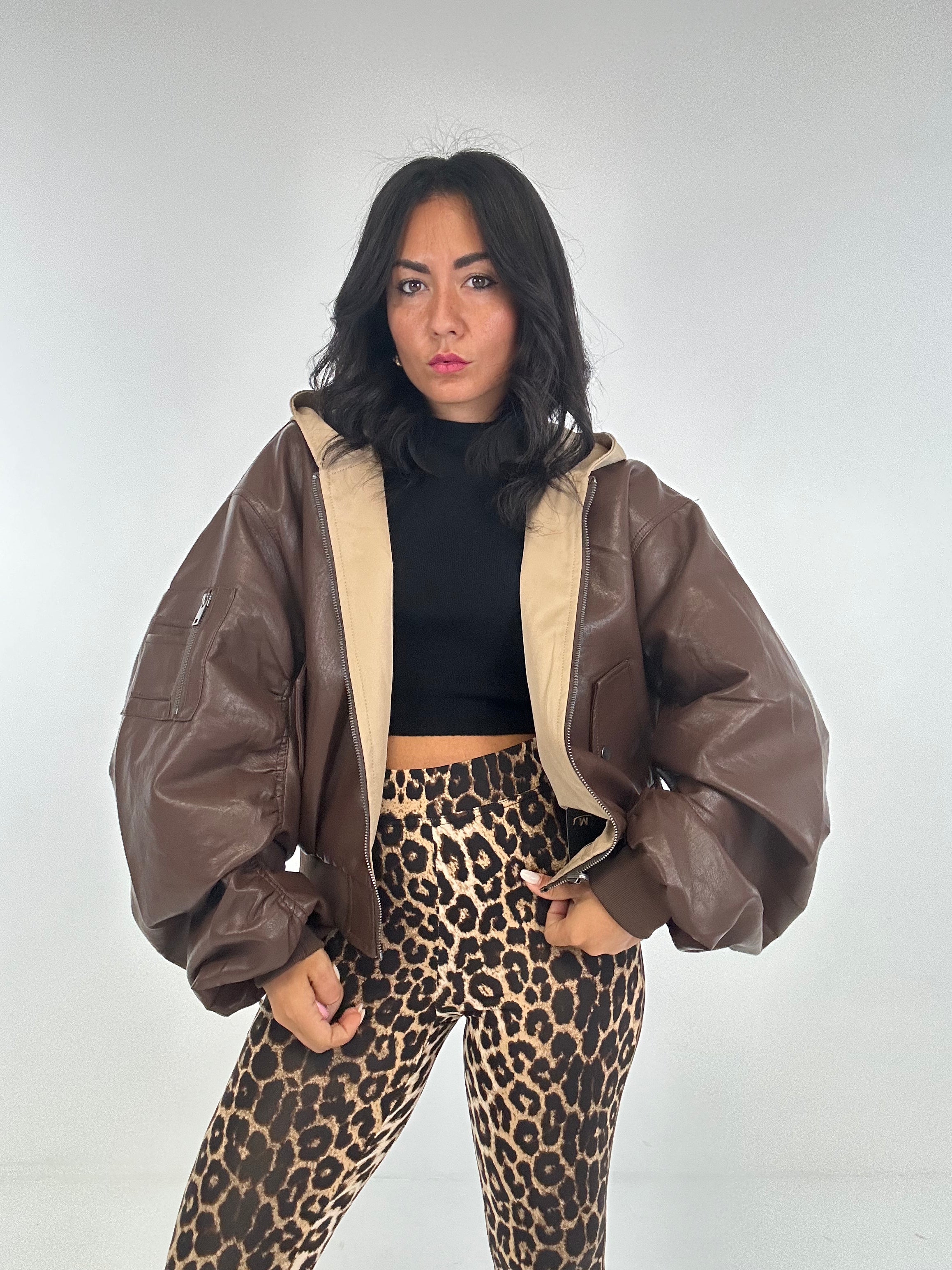 Bomber ECOPELLE CON CAPPUCCIO - MARRONE