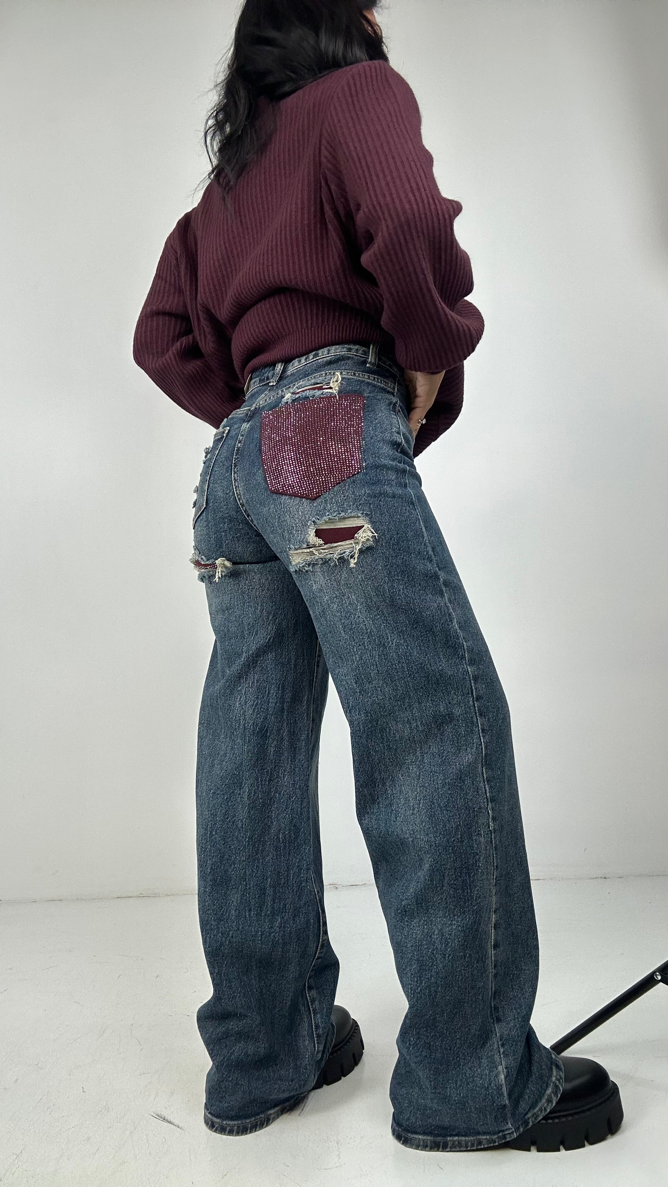 Jeans WIDE TASCA STRASS BORDEAUX - JEANS