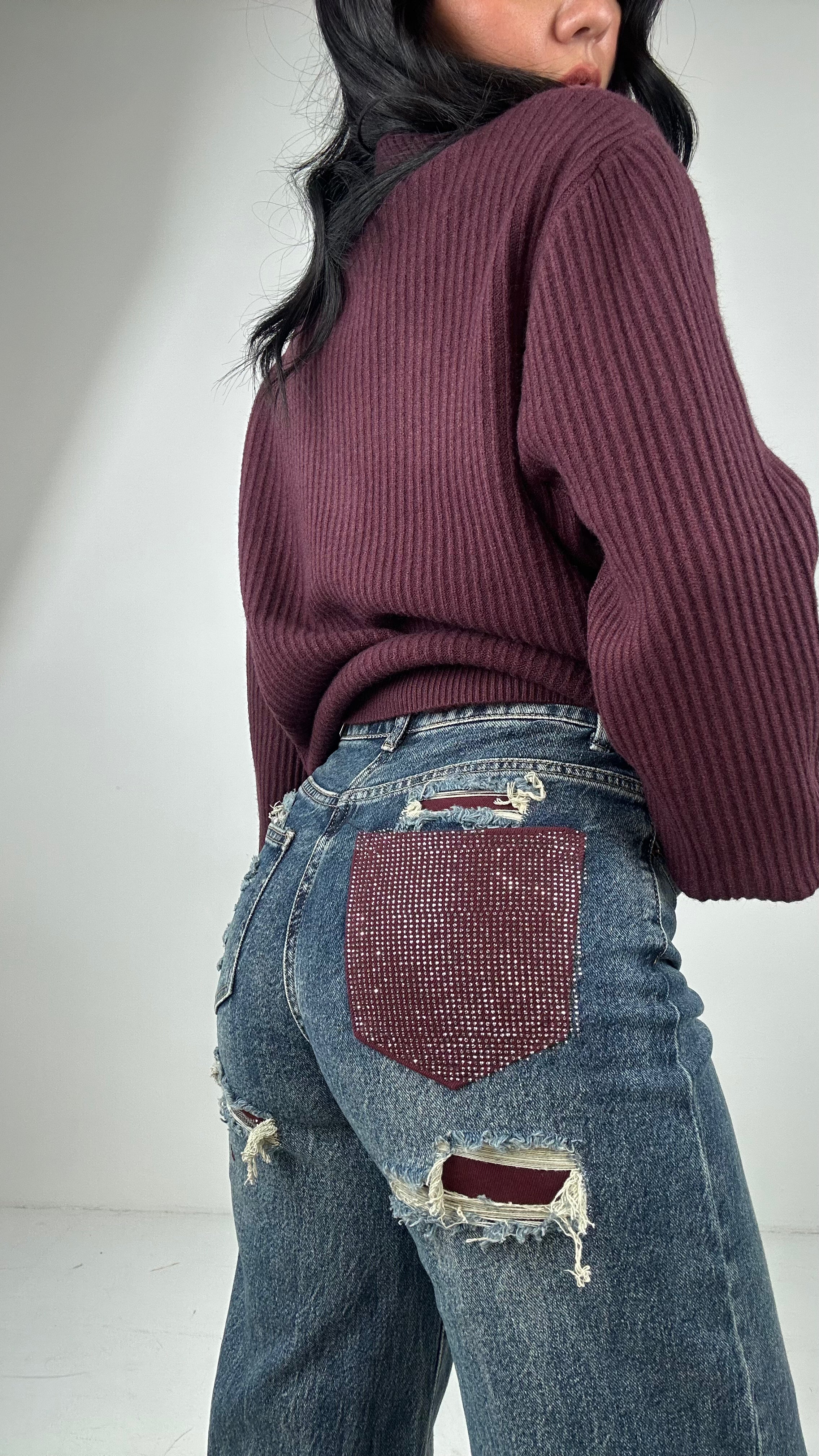 Jeans WIDE TASCA STRASS BORDEAUX - JEANS
