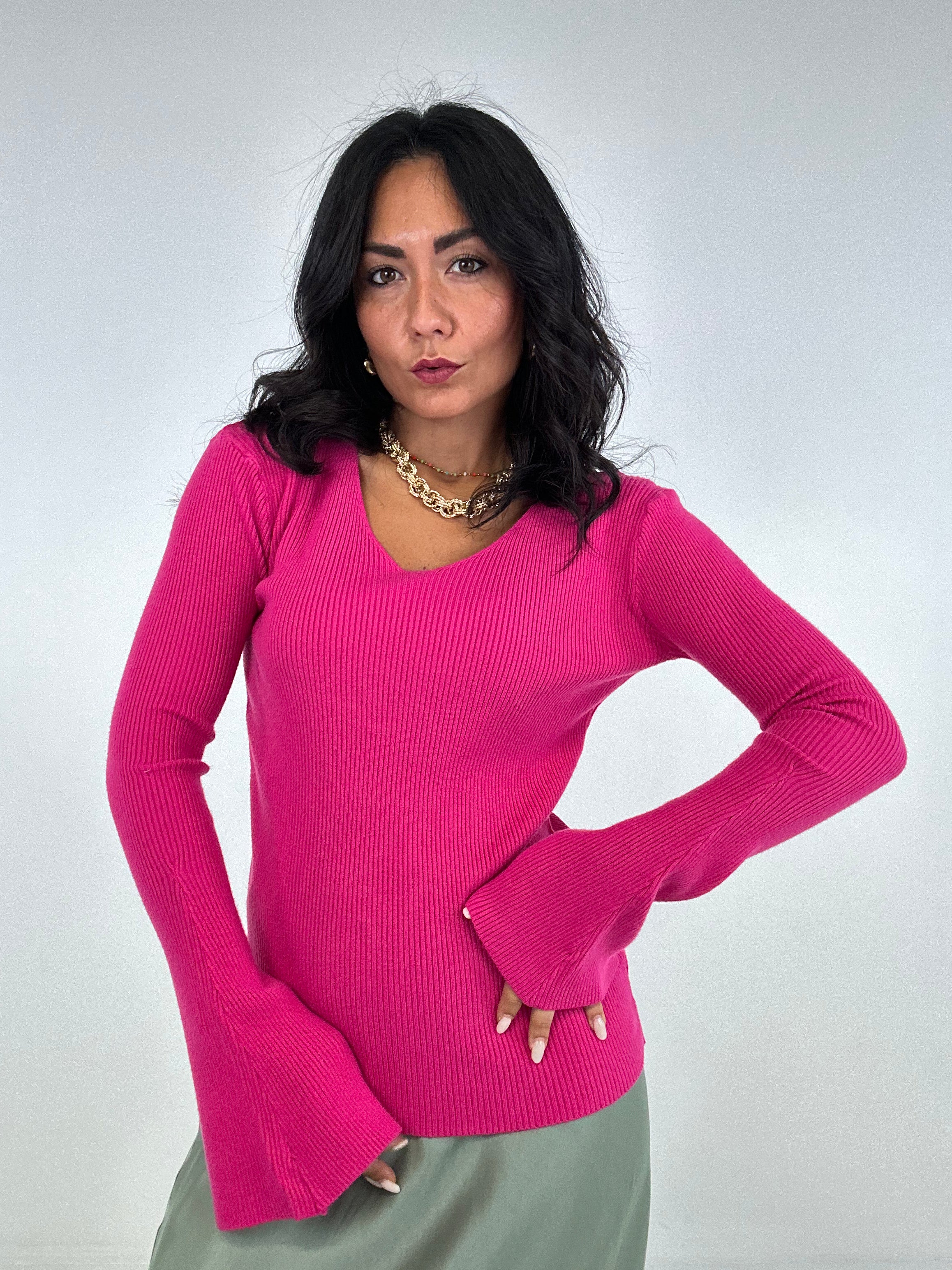 Pull V MANICA LARGA - FUCSIA