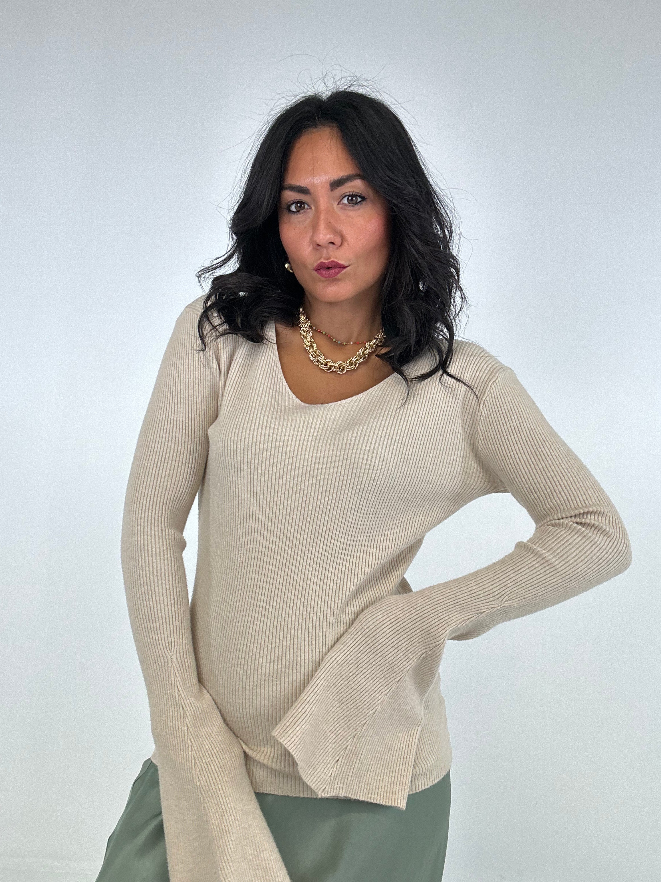 Pull V MANICA LARGA - BEIGE