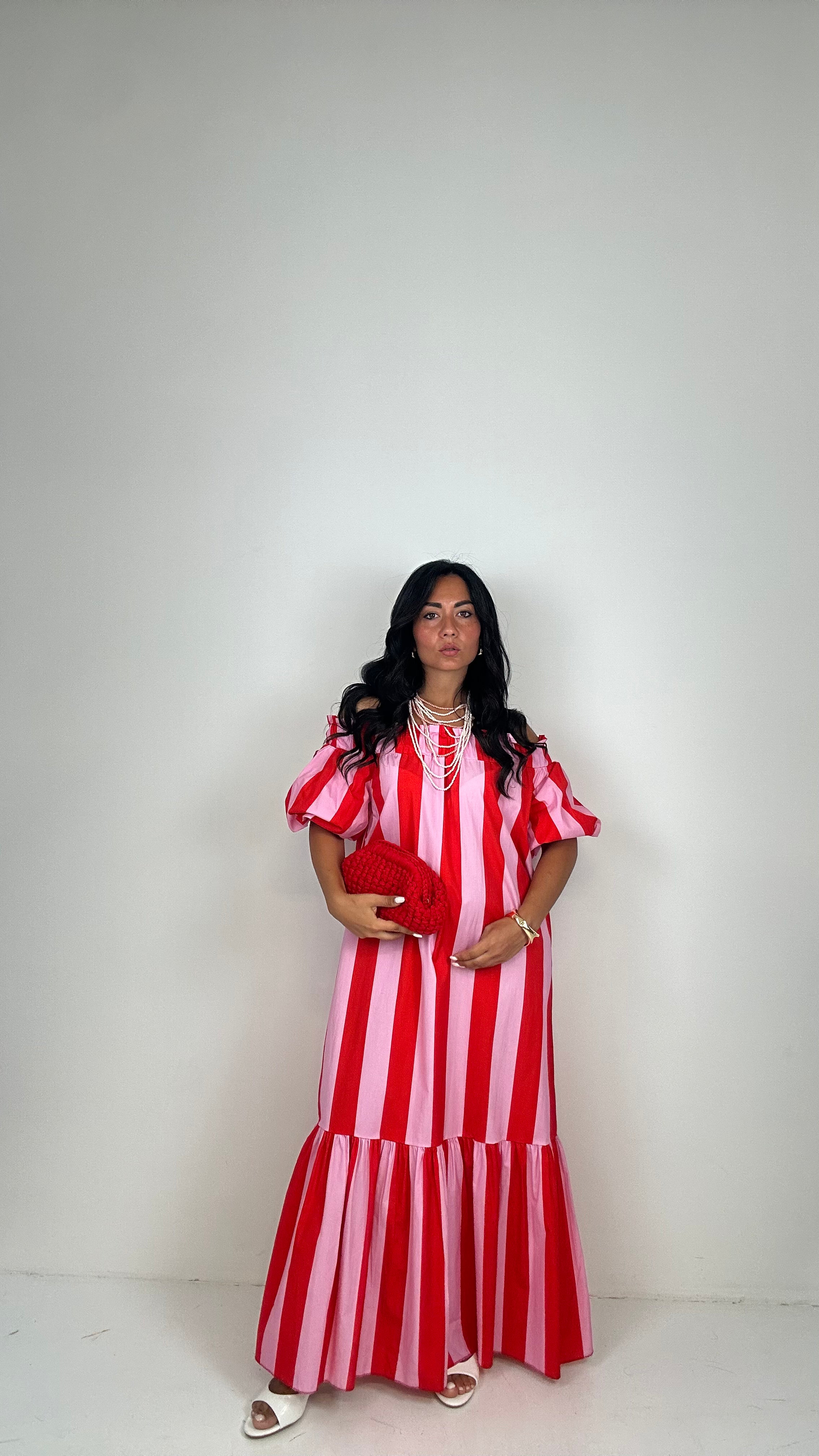Vestito A RIGHE MANICA PALLONCINO - ROSSO