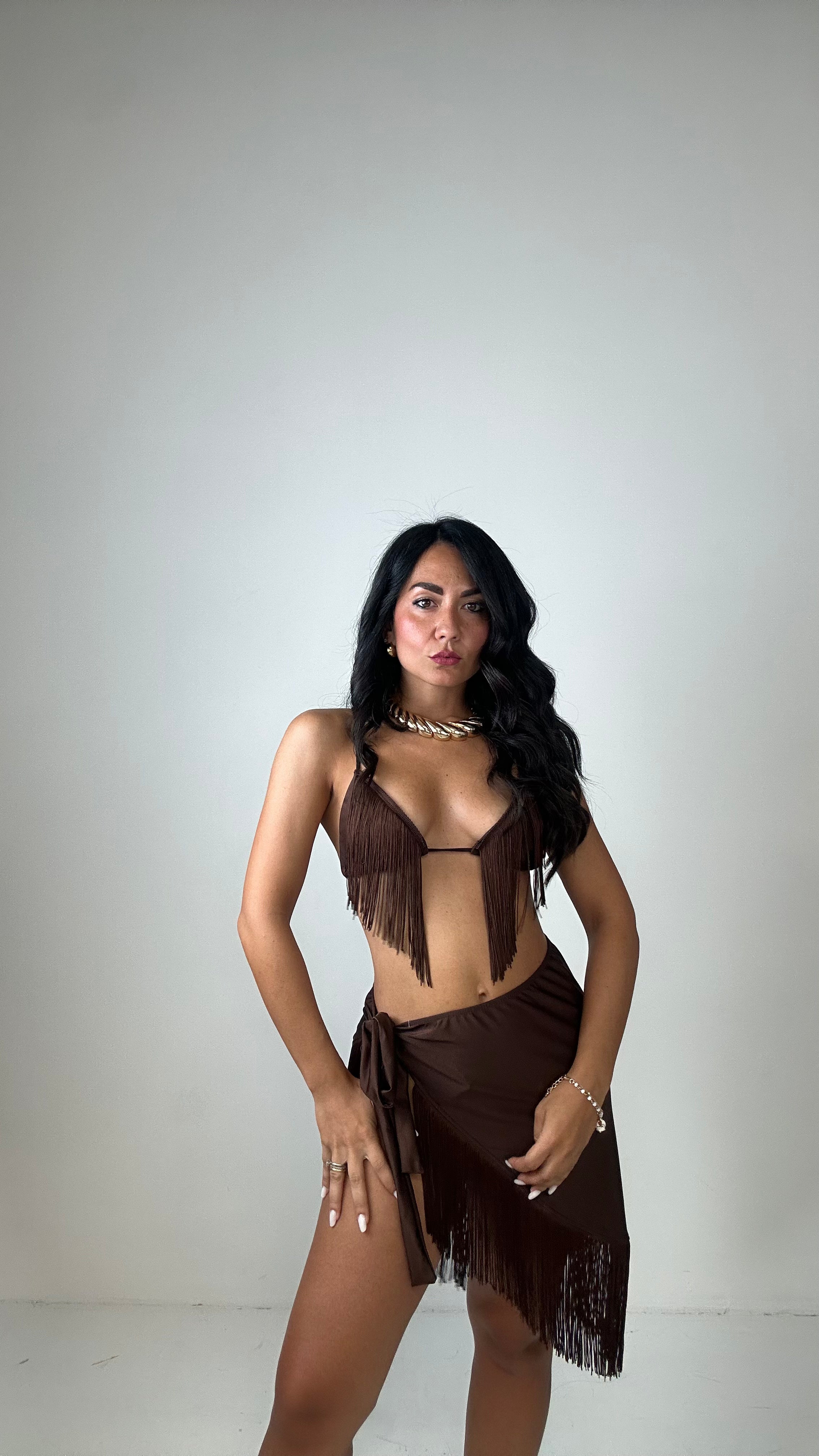 Completo BIKINI PAREO FRANGE - MARRONE