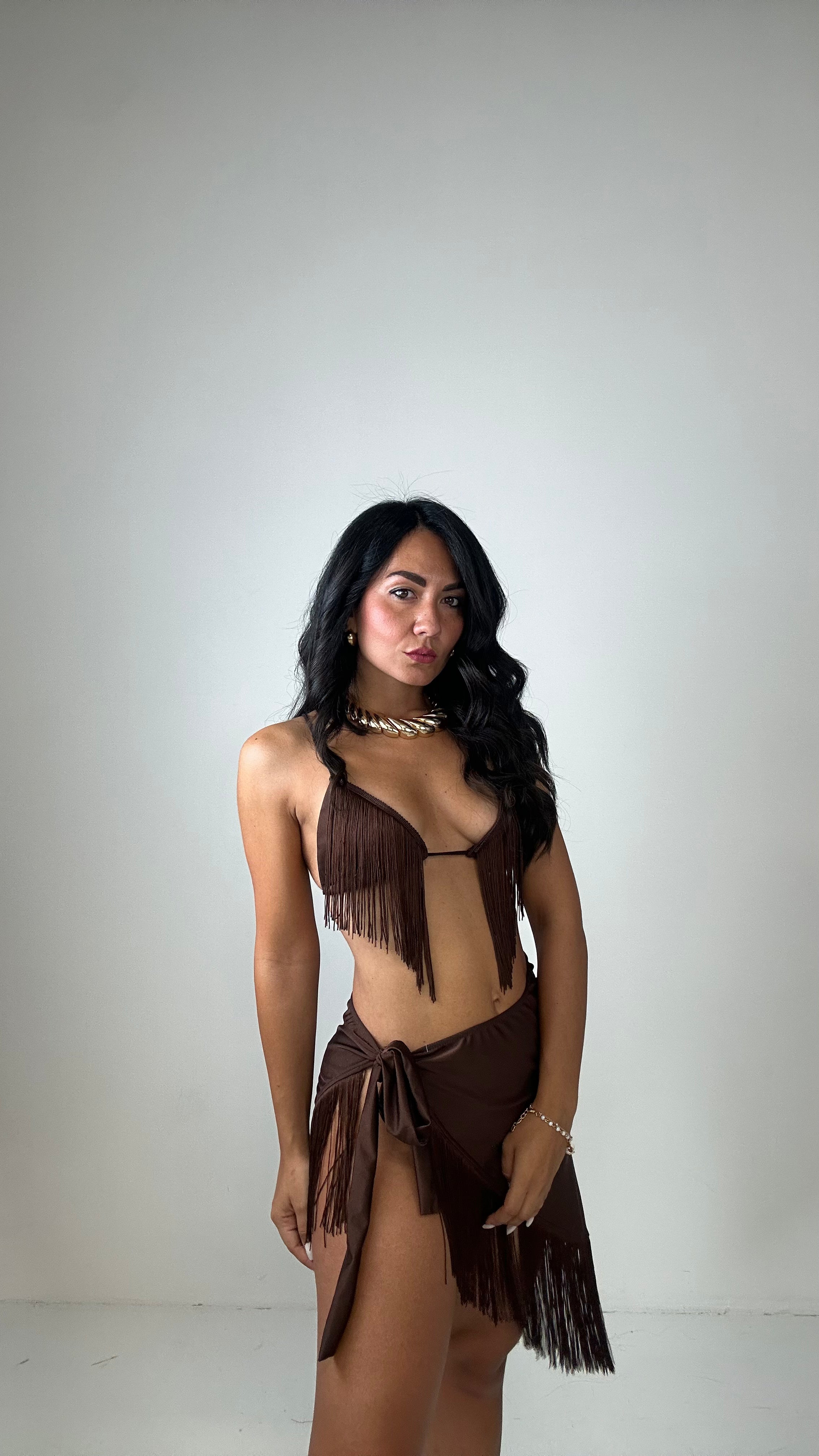 Completo BIKINI PAREO FRANGE - MARRONE
