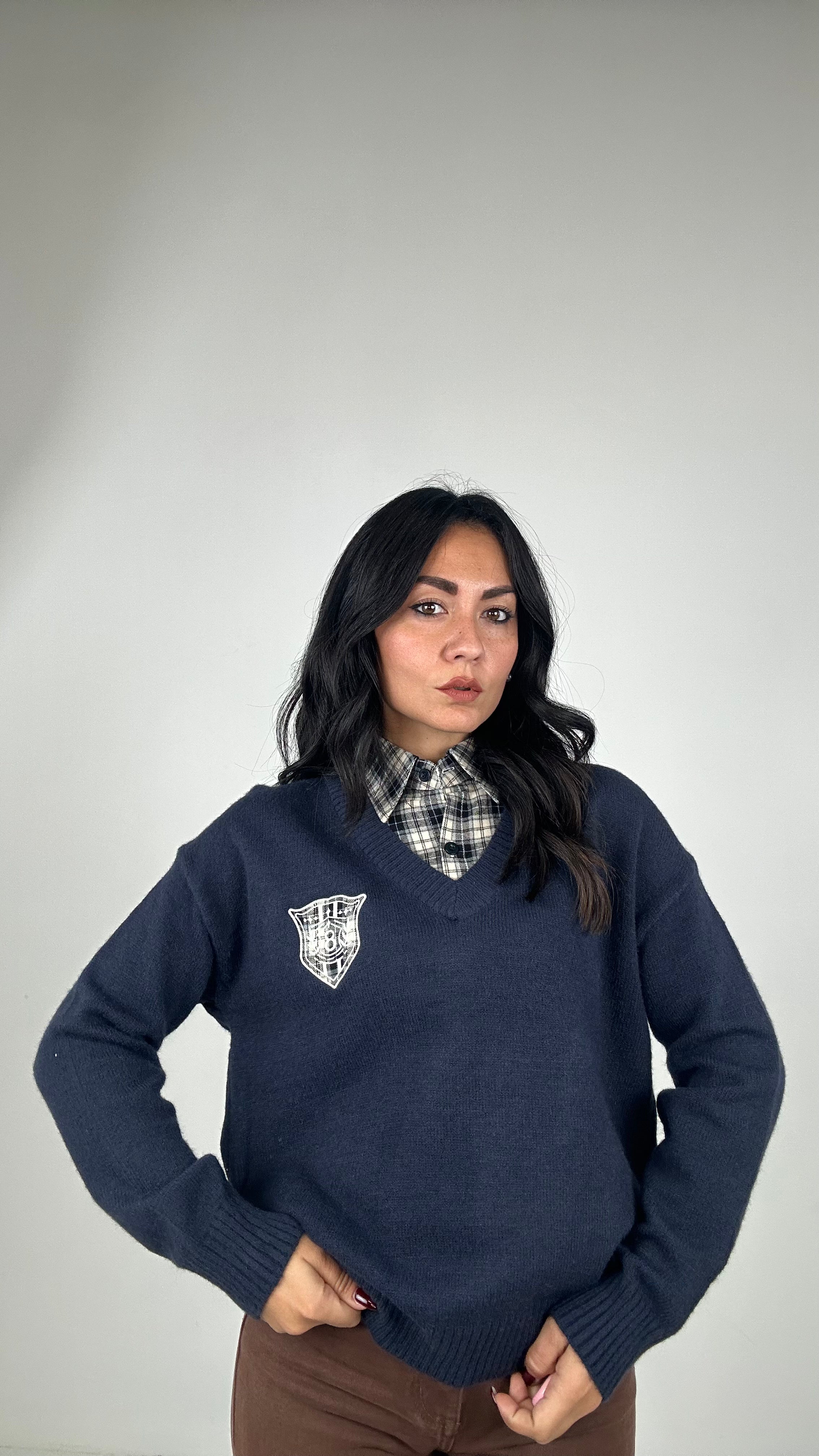 Pull CON COLLO CAMICIA A QUADRI - BLU