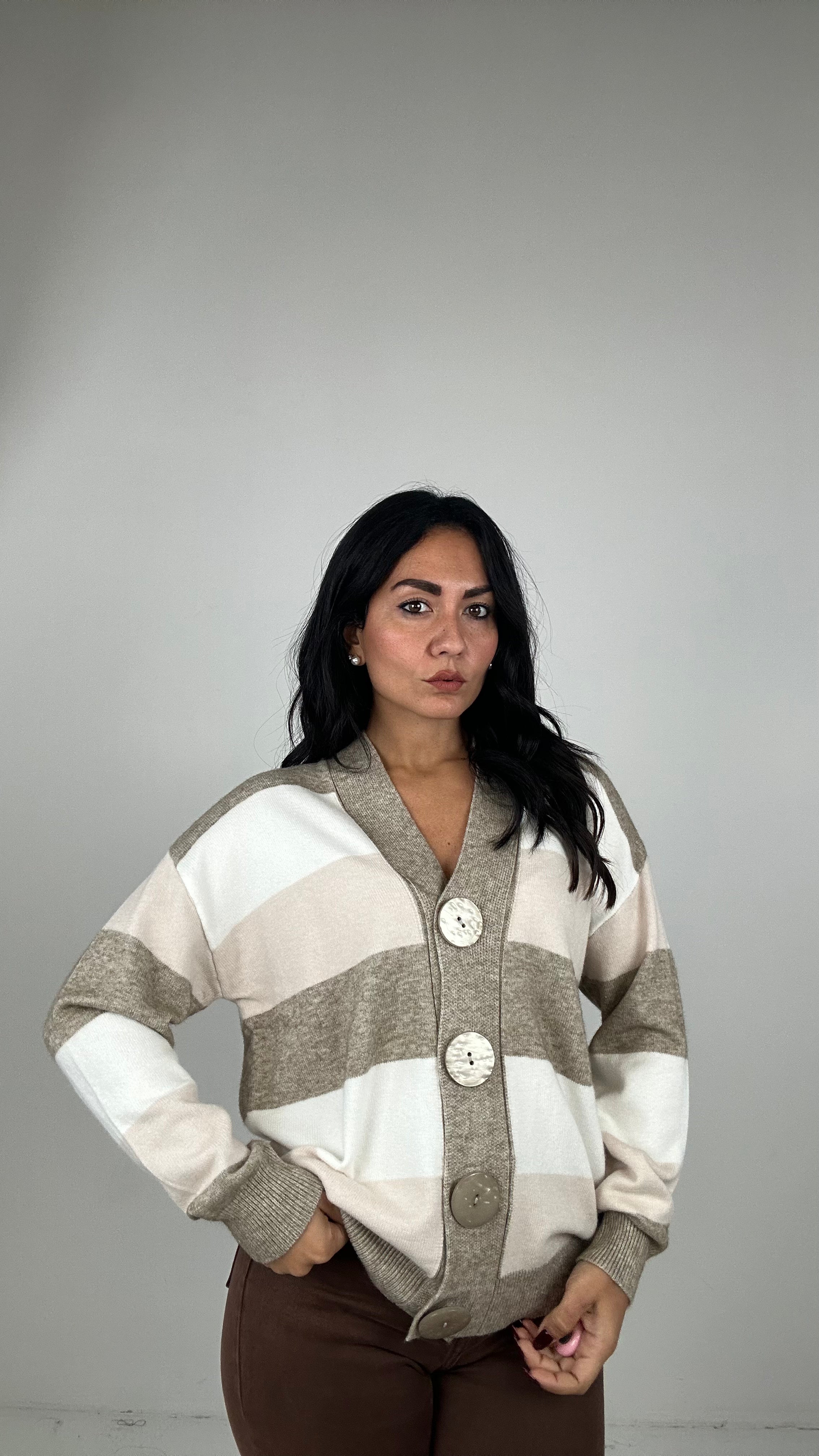 Cardigan BOTTONE E RIGHE - BEIGE