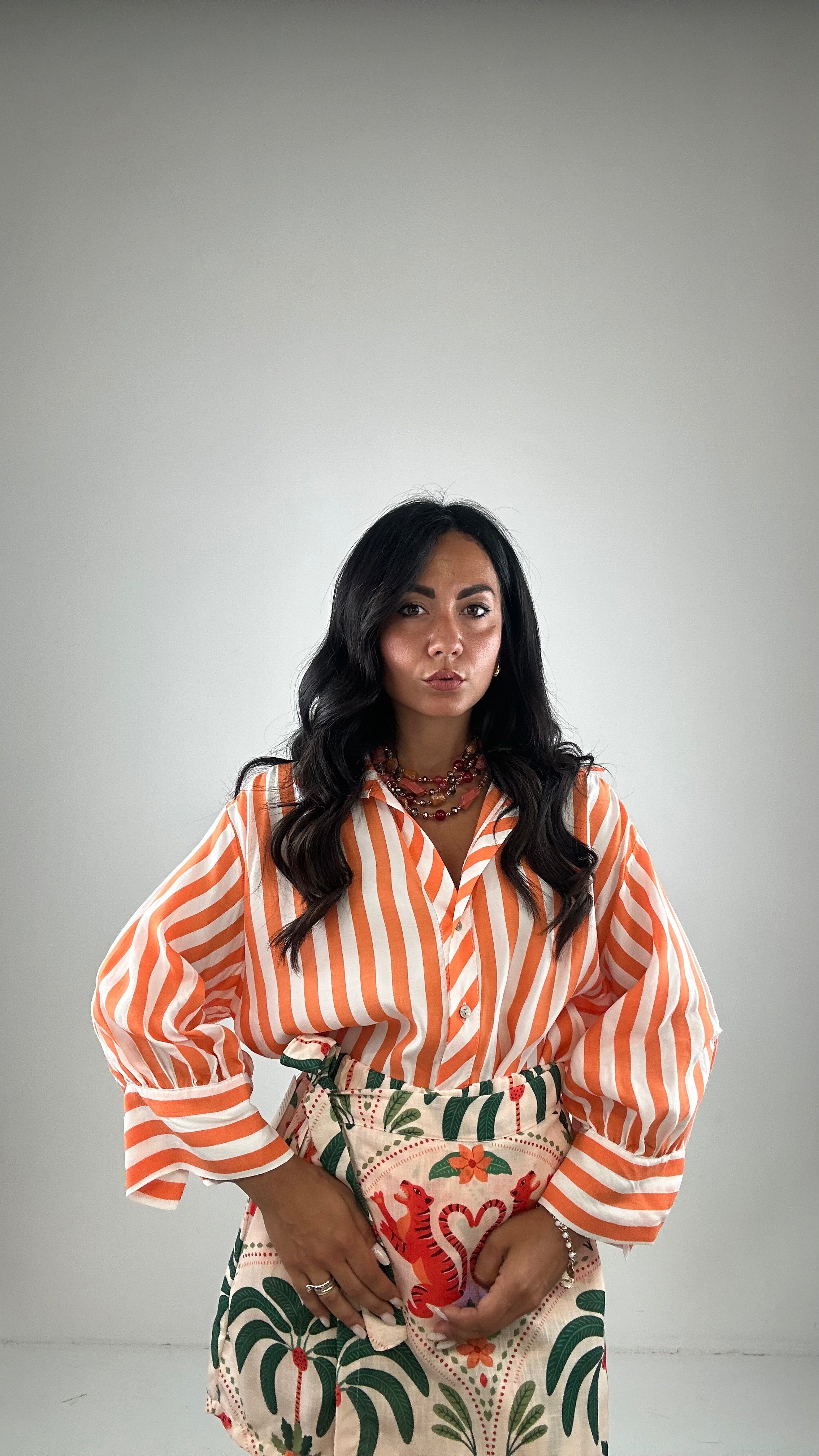 Camicia A RIGHE MANICA PALLONCINO - ARANCIO