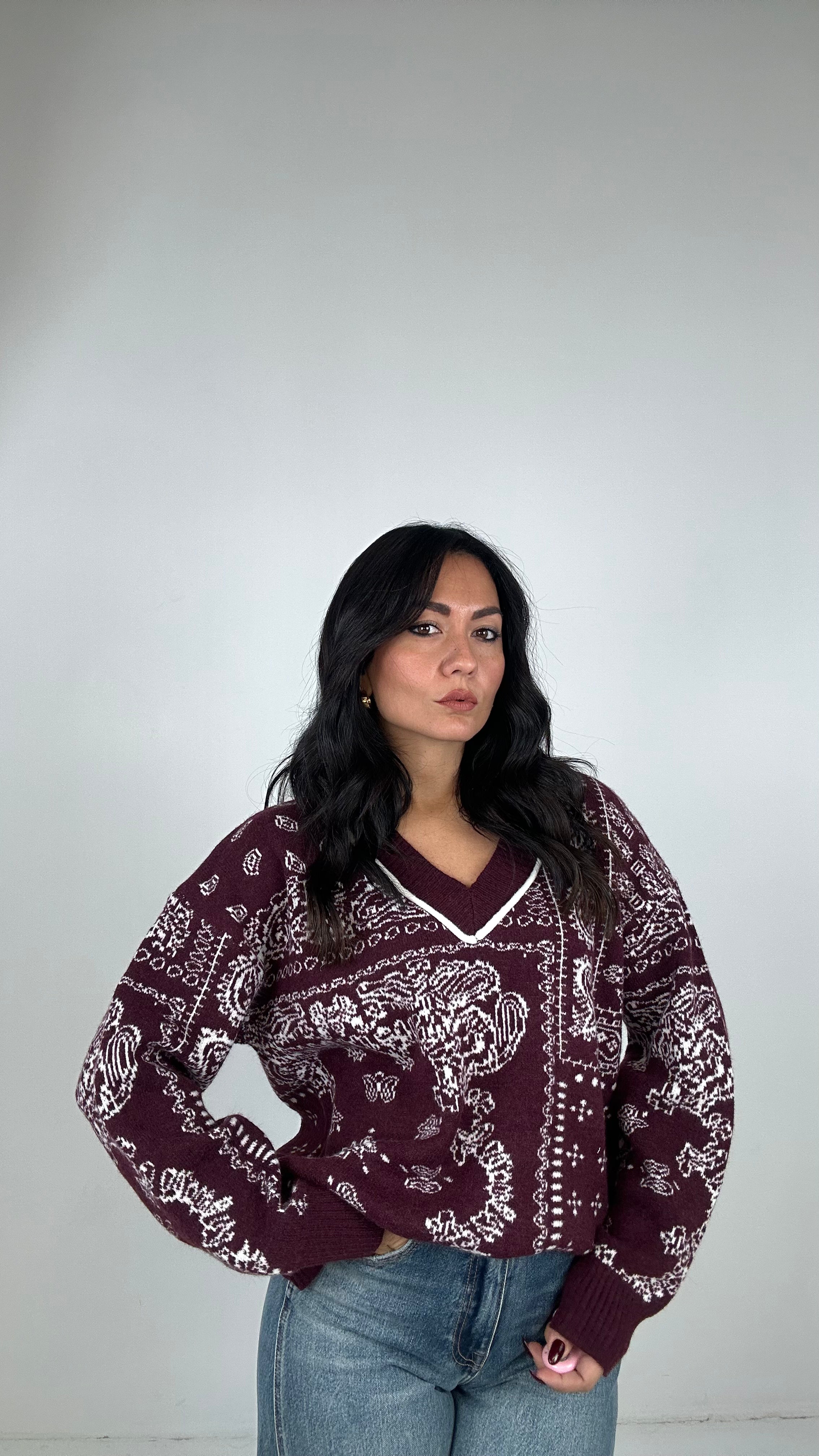 Pull V BANDANA - BORDEAUX