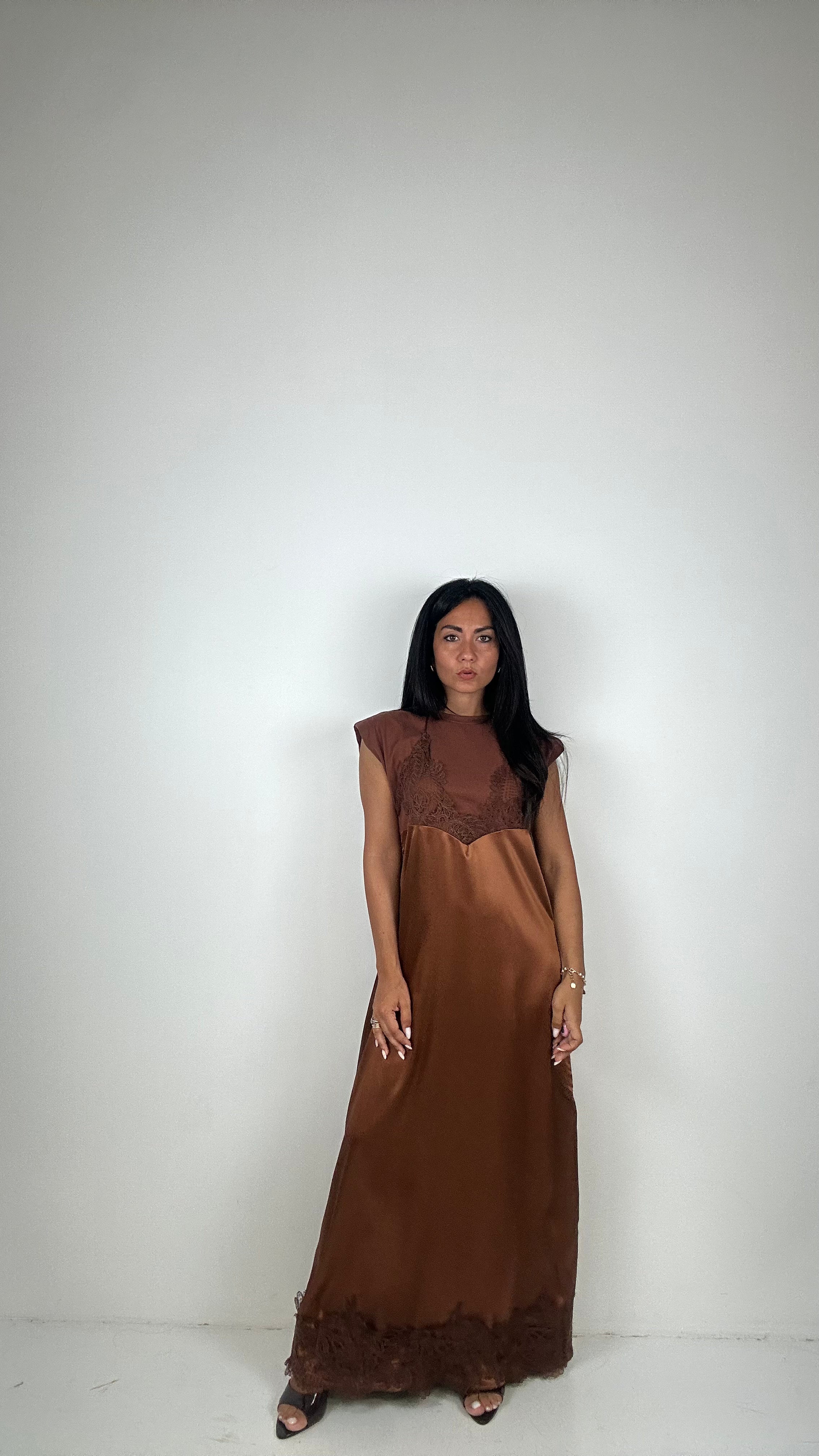 Vestito SATIN E PIZZO - MARRONE