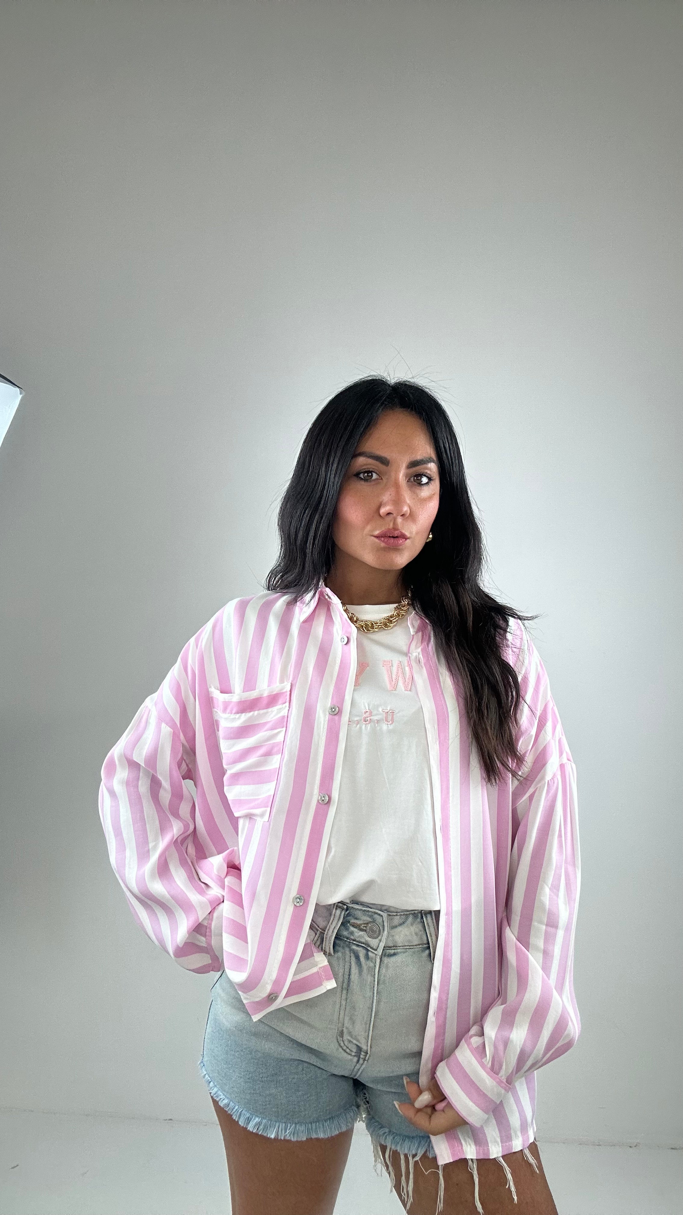 Camicia RIGHE CON TASCHINO - ROSA
