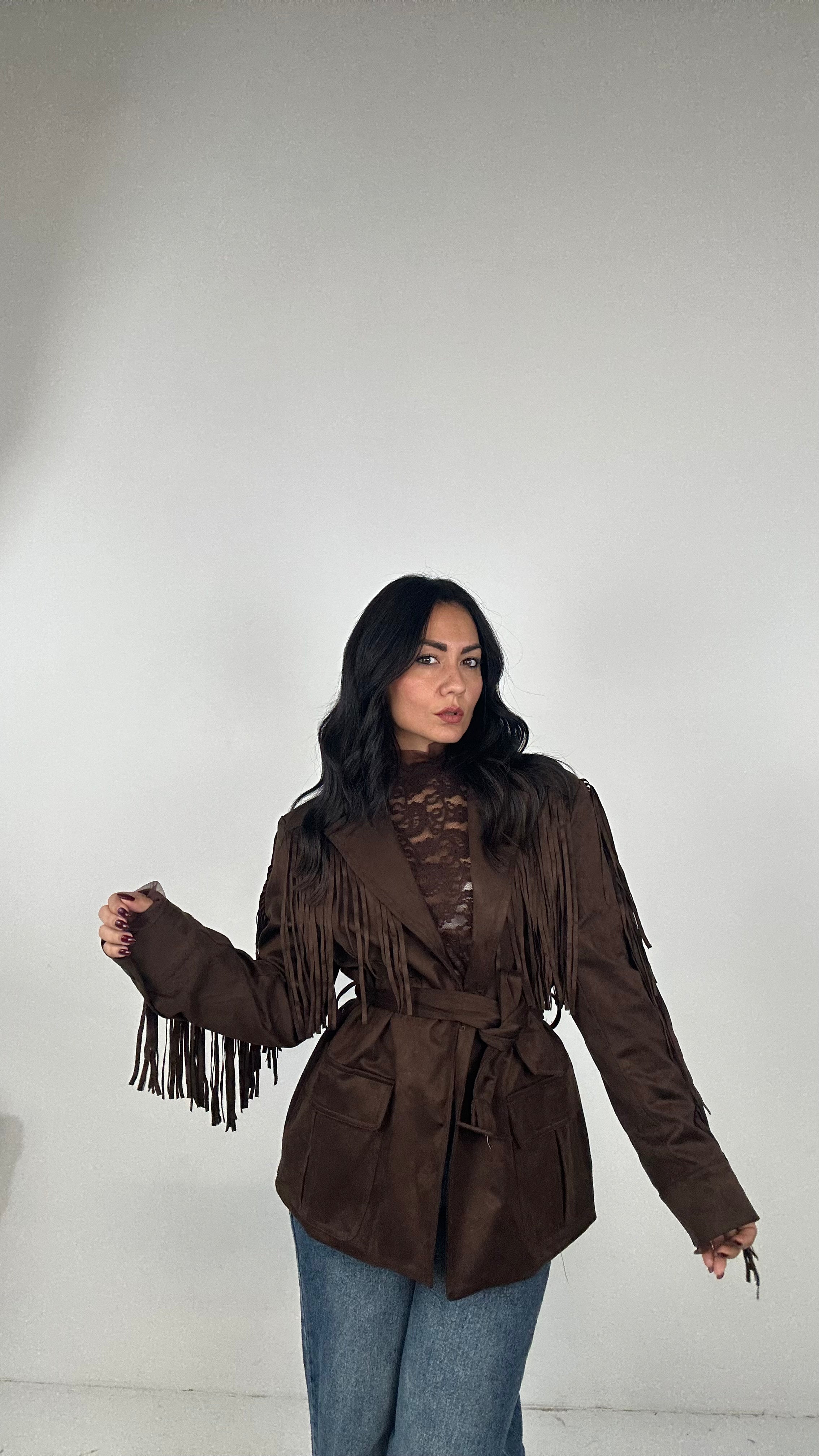 Giacca IN CAMOSCIO FRANGE - MARRONE