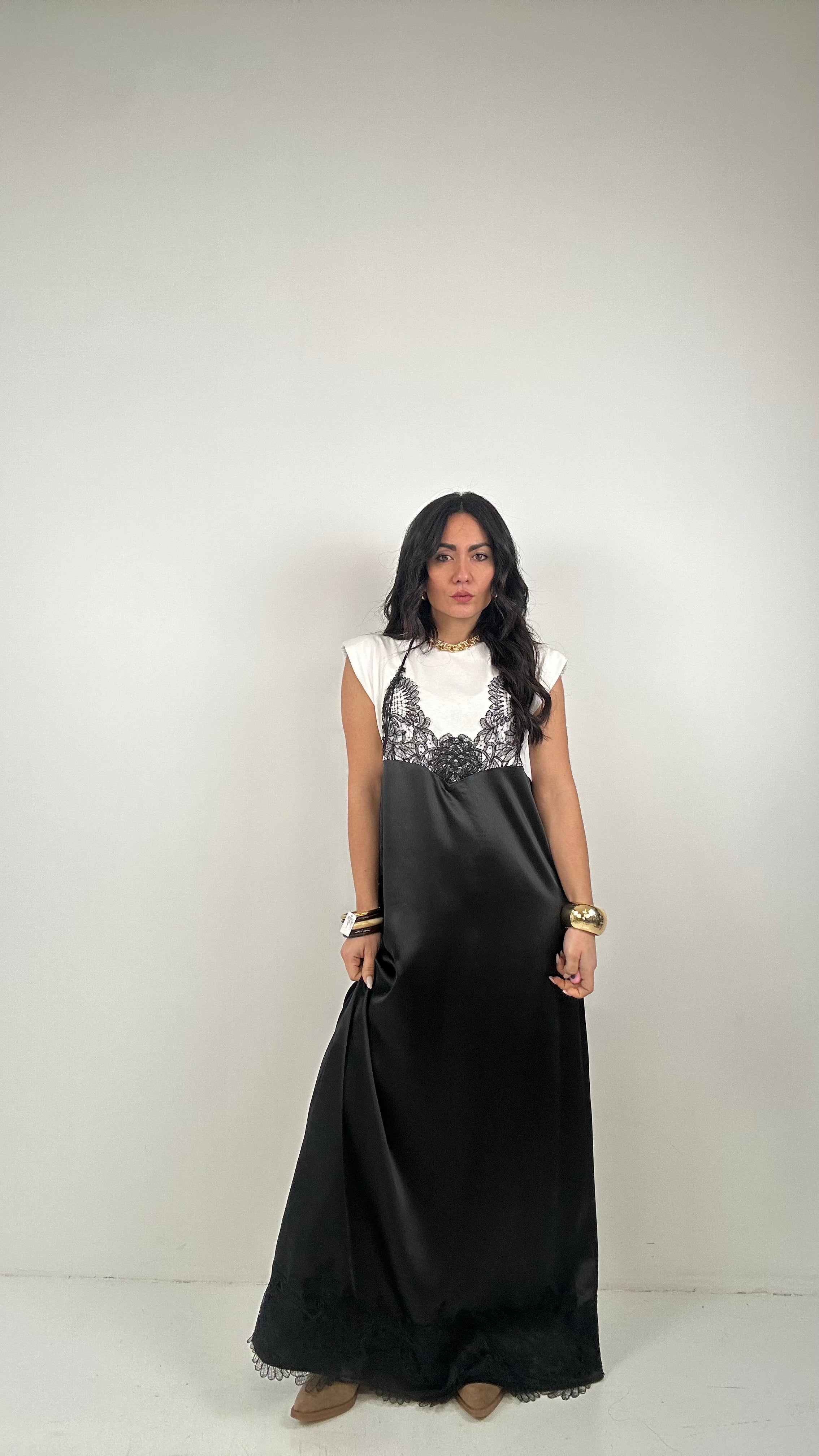 Vestito CON SATIN E PIZZO - NERO