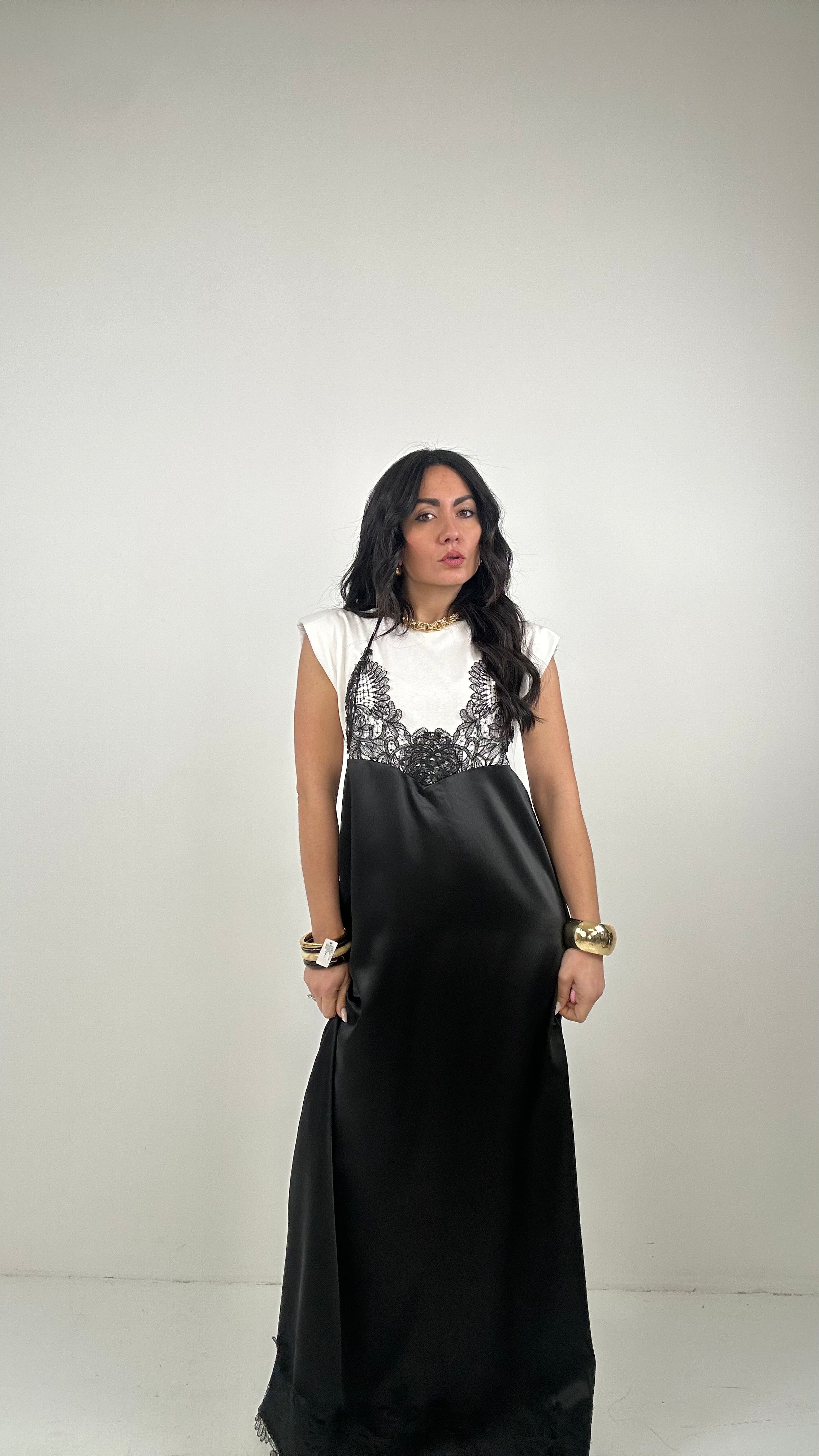 Vestito CON SATIN E PIZZO - NERO