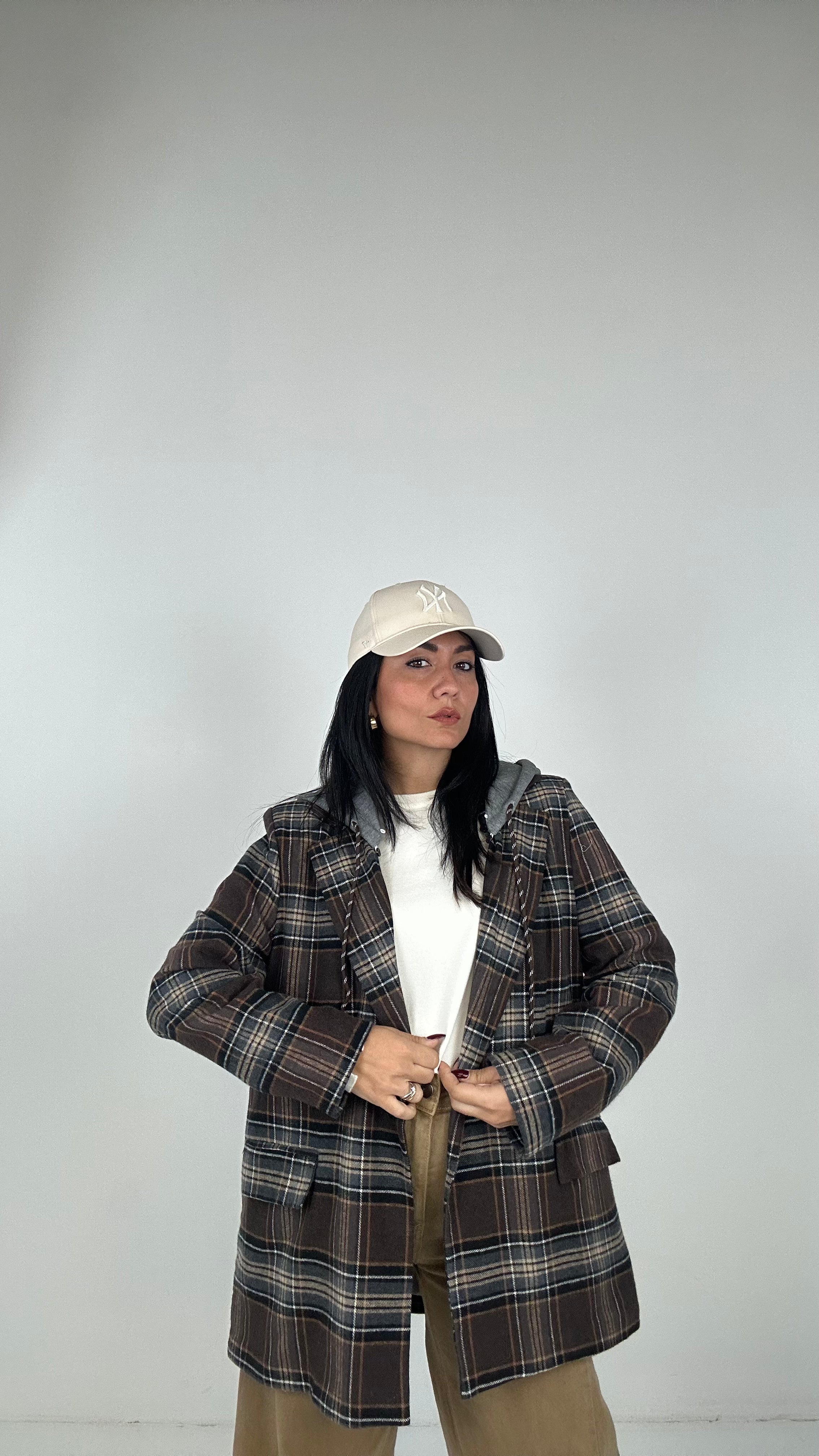 Blazer A QUADRI CON CAPPUCCIO - BEIGE