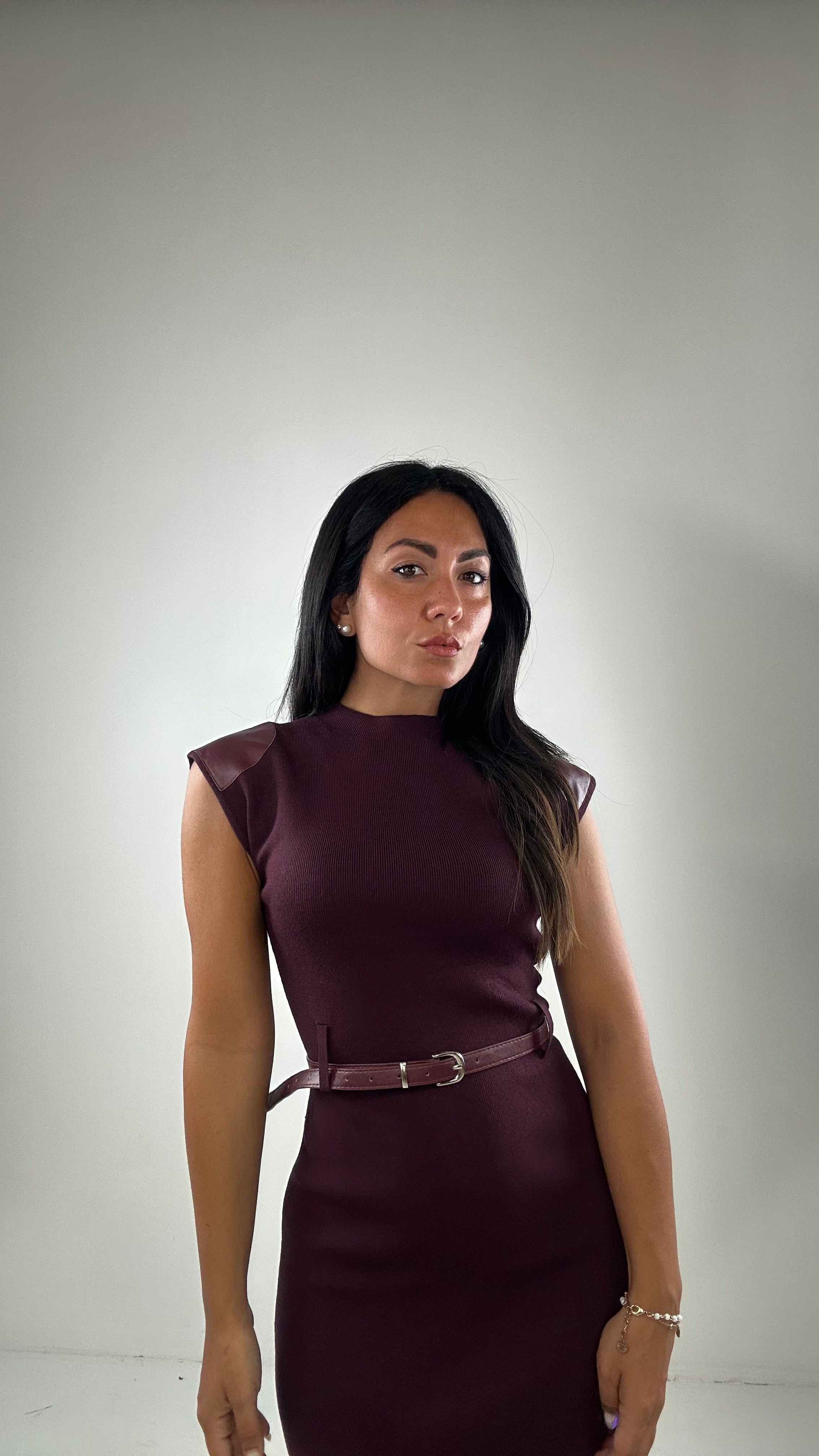 Vestito IN MAGLIA CON PARTI ECOPELLE - BORDEAUX