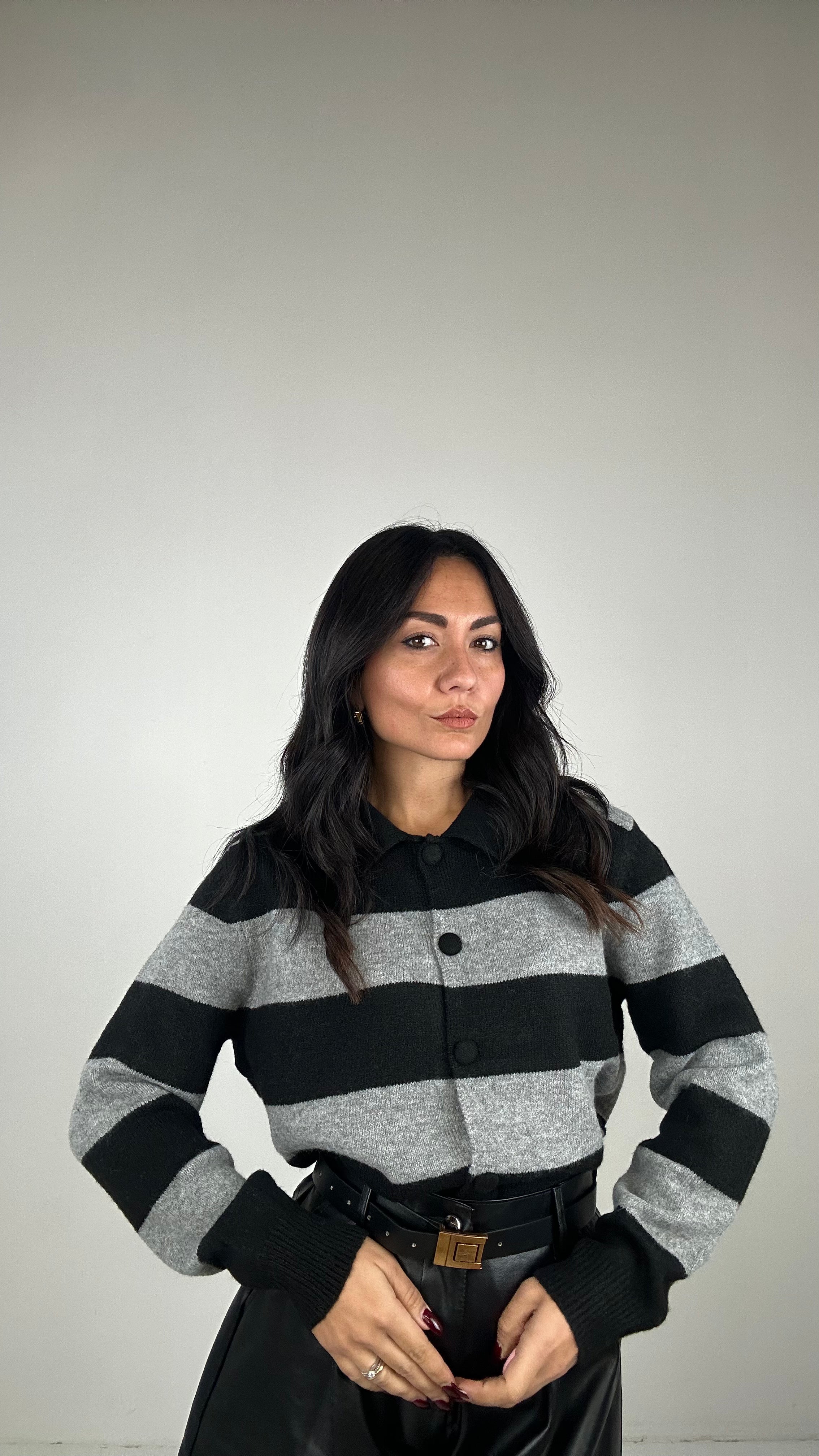 Pull CARDIGAN A RIGHE - GRIGIO-NERO
