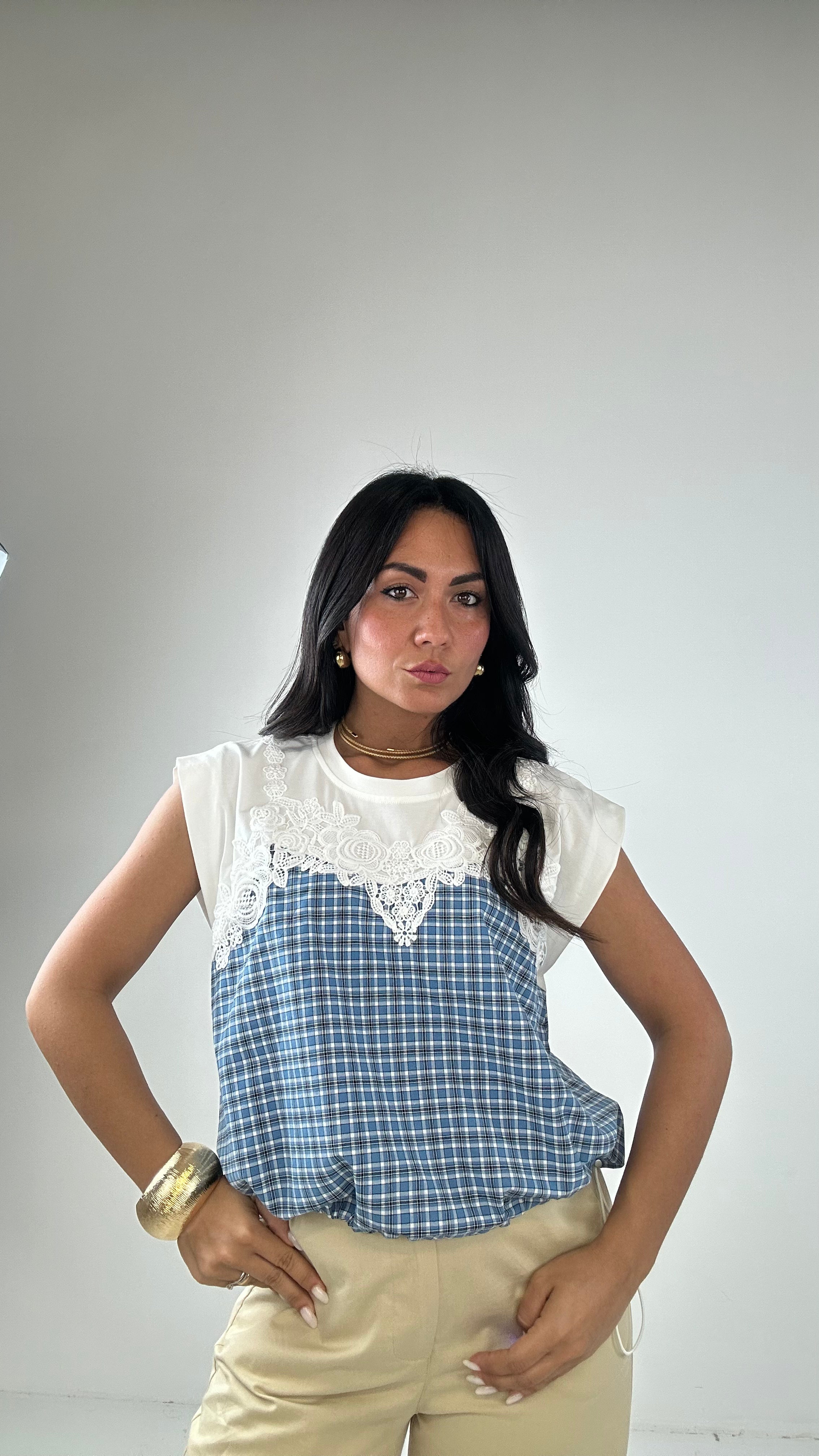 Maglia PIZZO E QUADRETTI - CELESTE