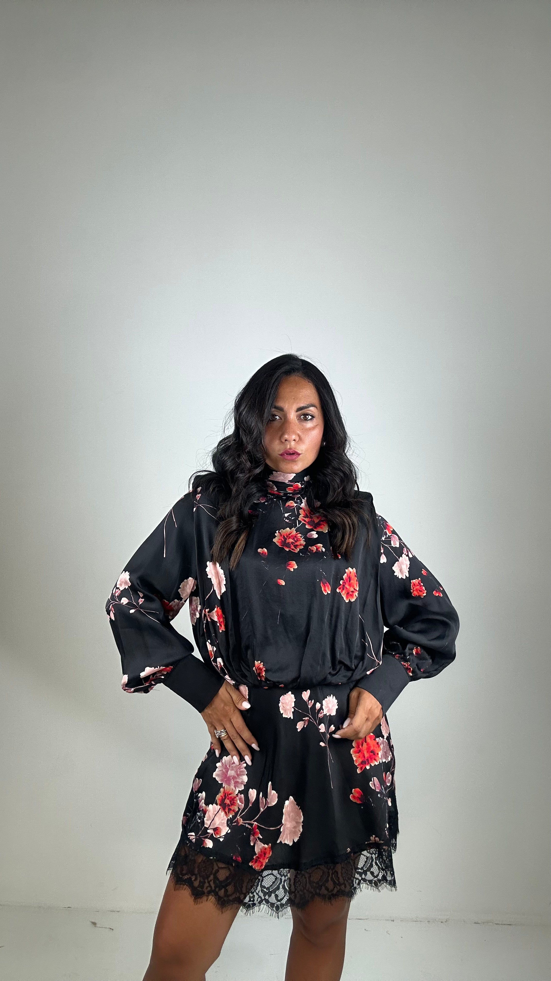 Vestito LUMINA SATIN A FIORI - NERO