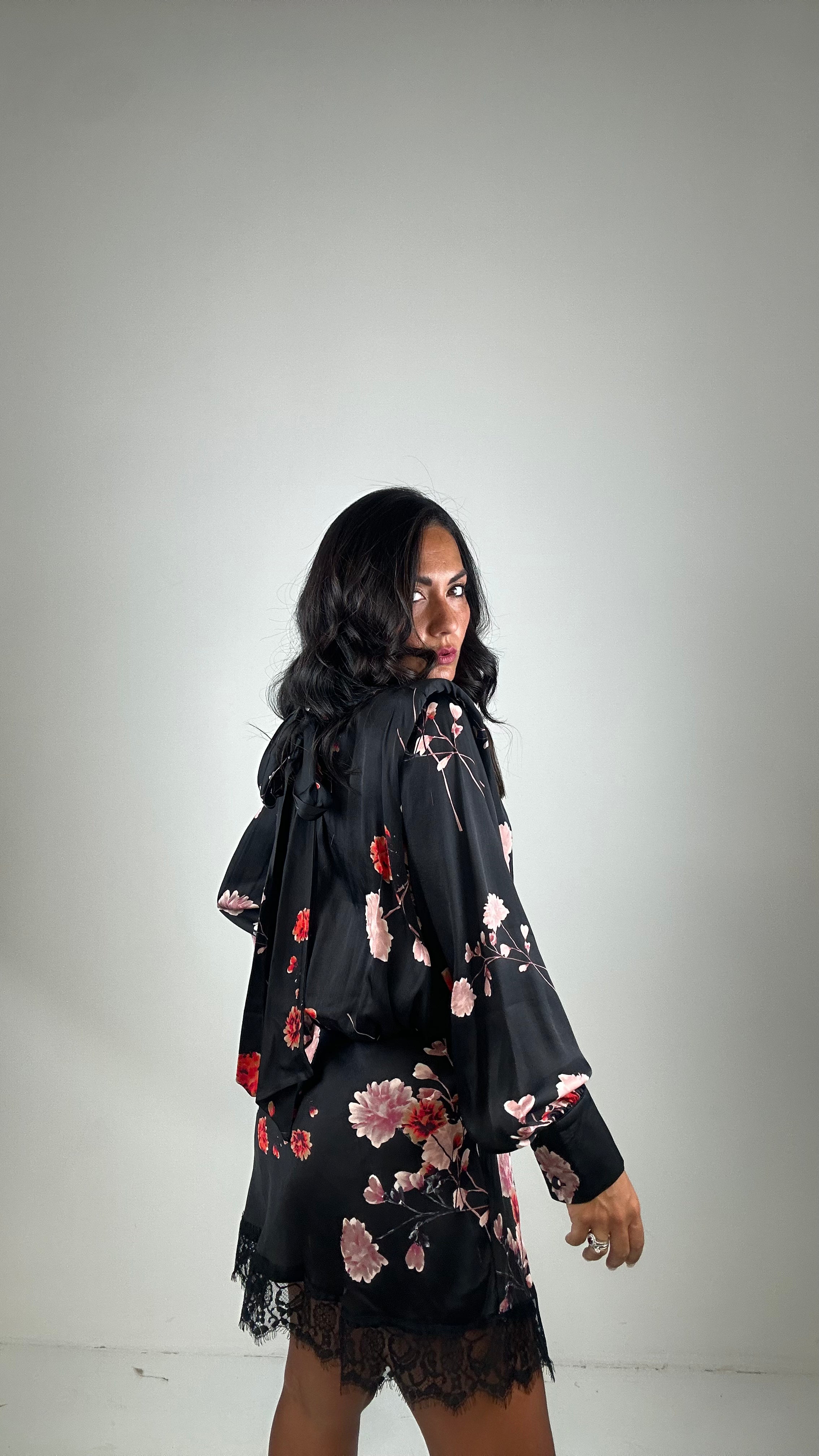 Vestito LUMINA SATIN A FIORI - NERO
