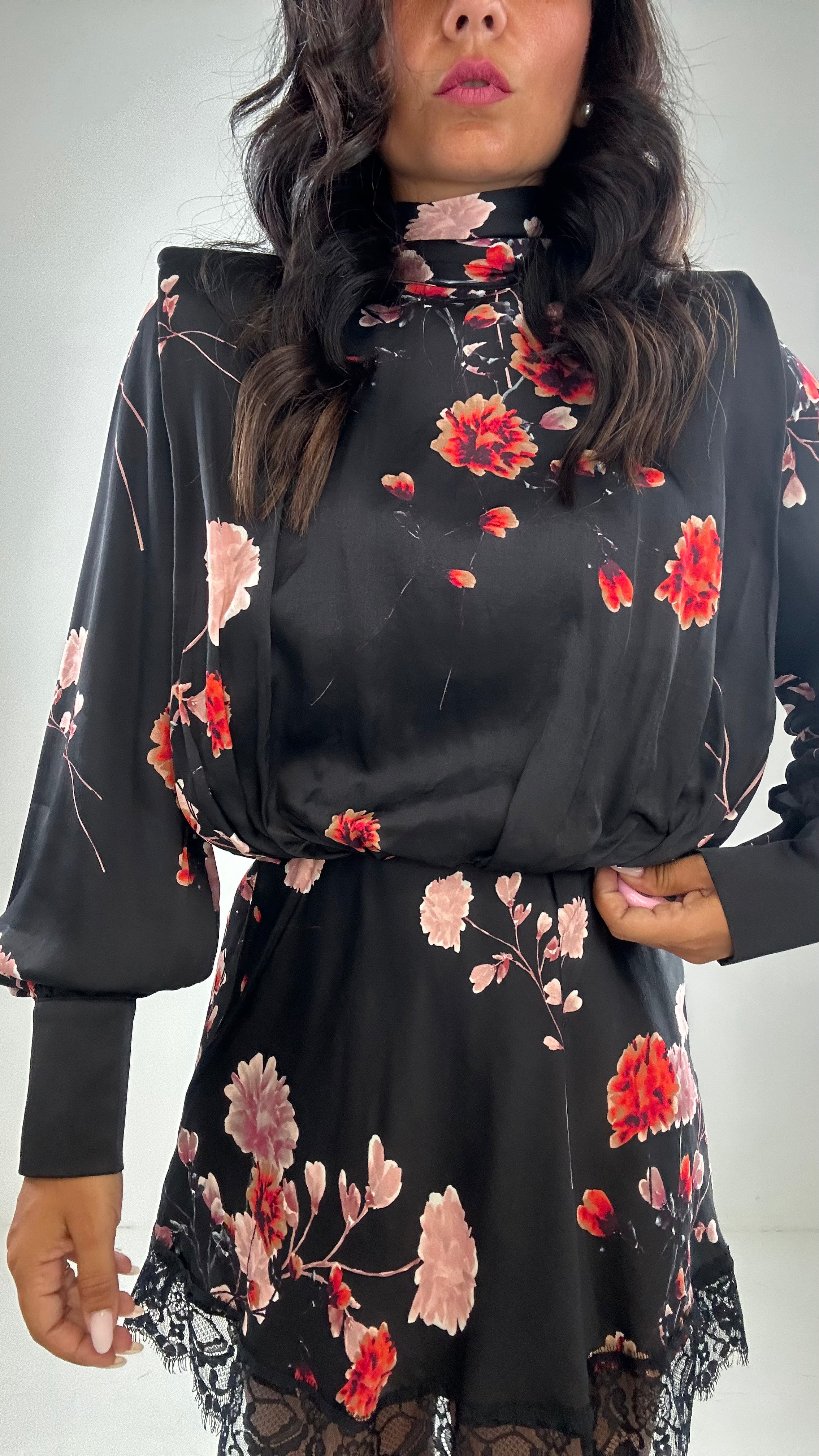 Vestito LUMINA SATIN A FIORI - NERO