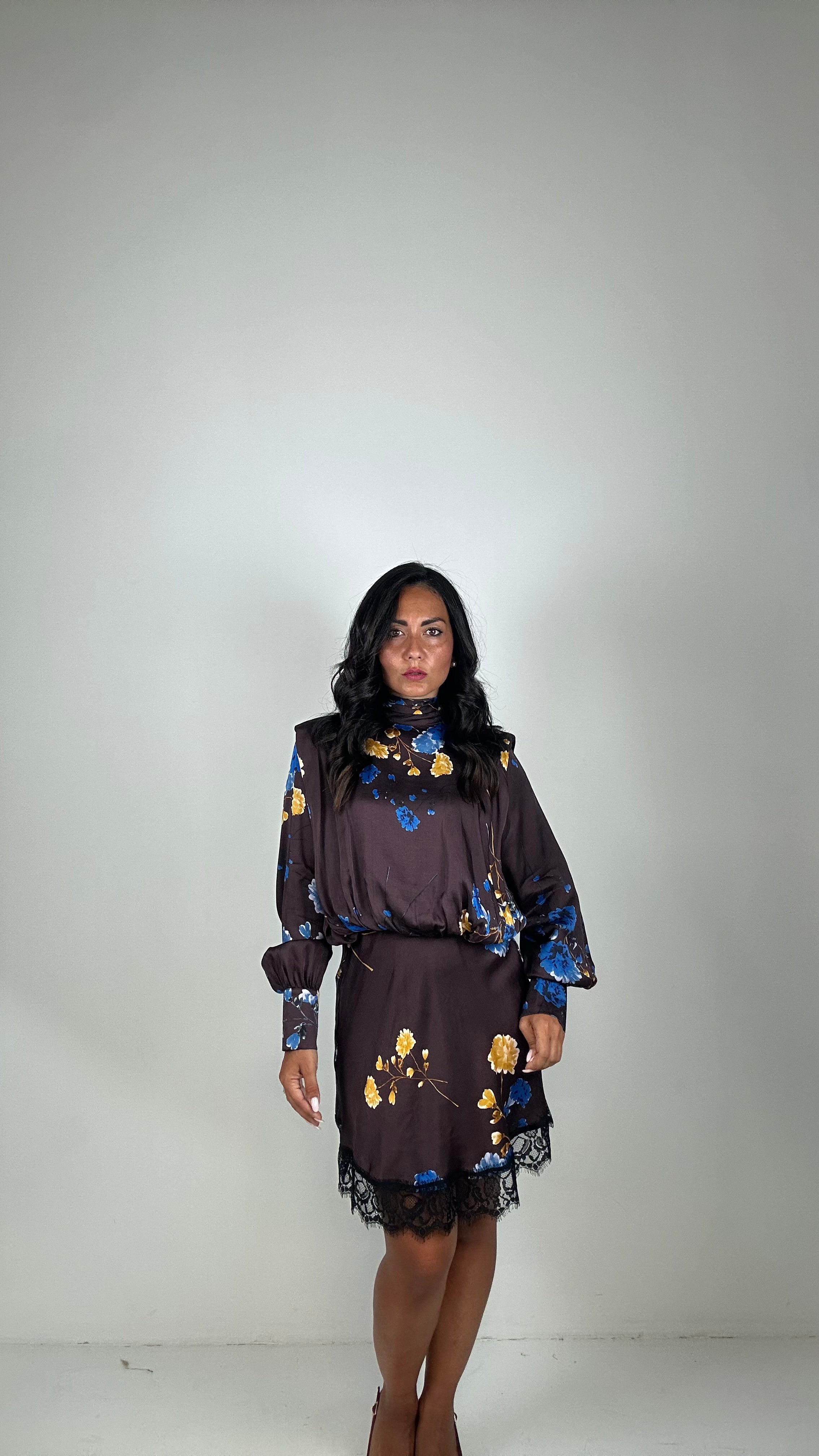 Vestito LUMINA SATIN A FIORI - MARRONE