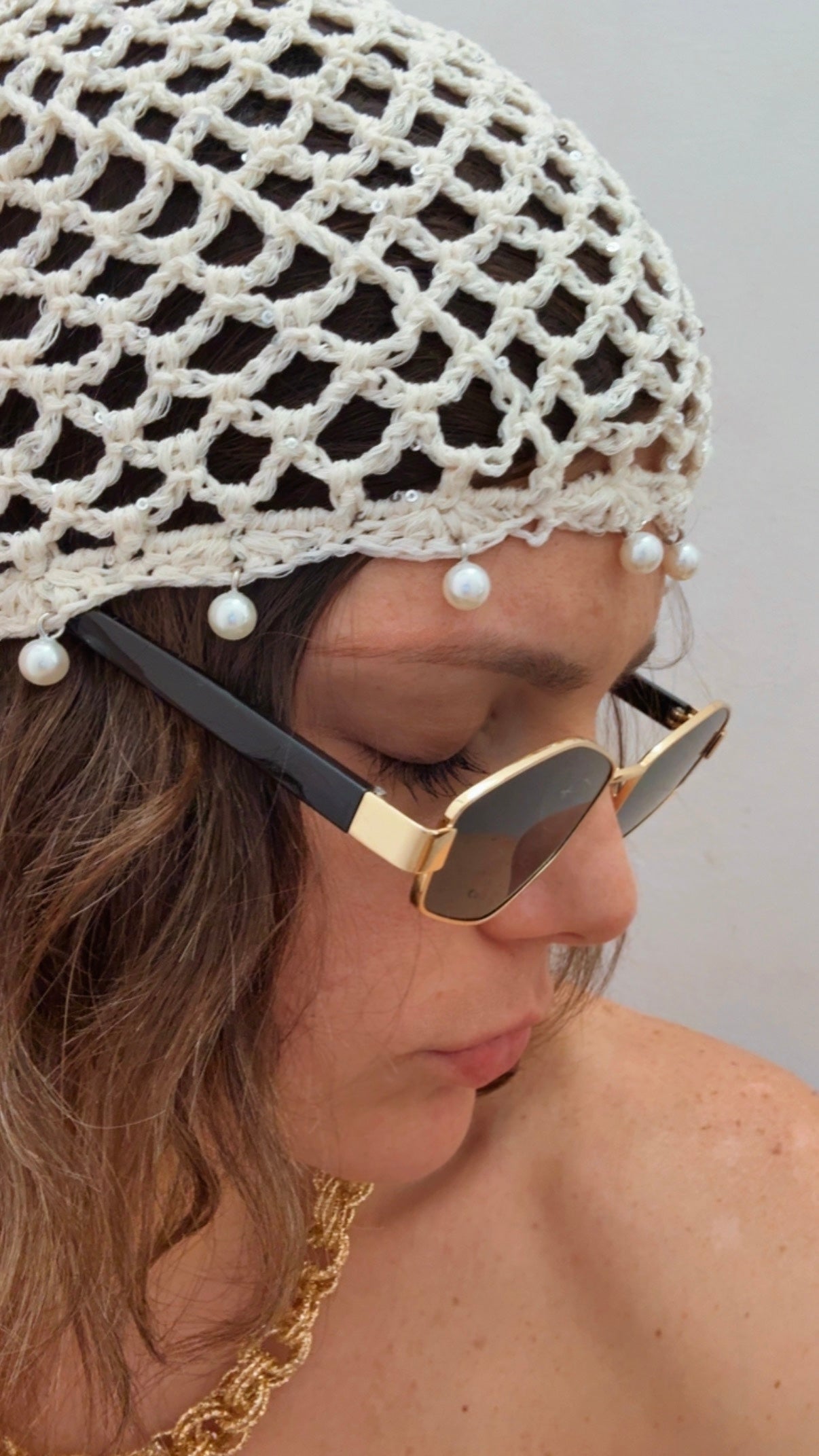 Cappello UNCINETTO E PERLE - BEIGE