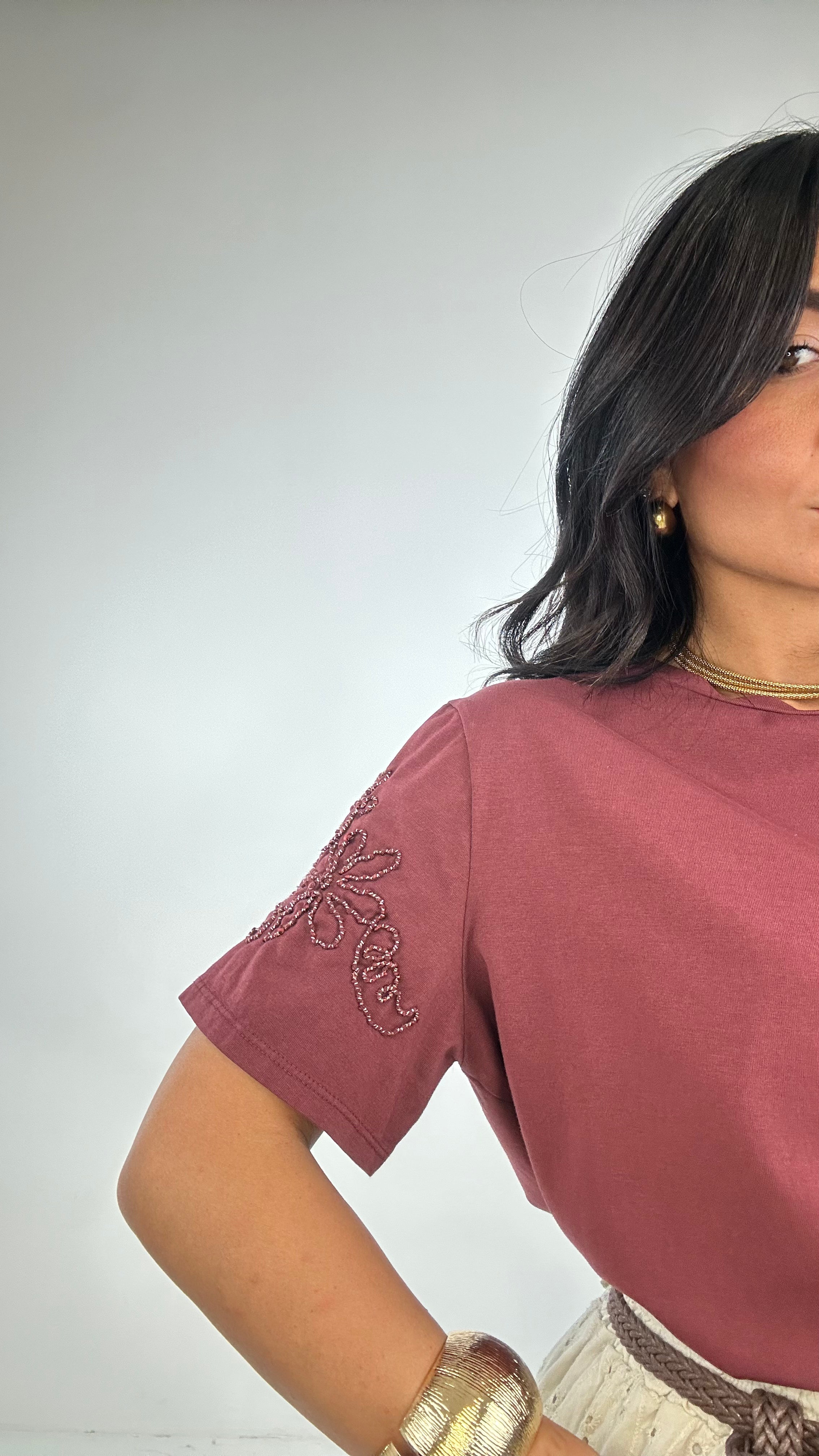 T-shirt FIORE RICAMATO MANICA - BORDEAUX