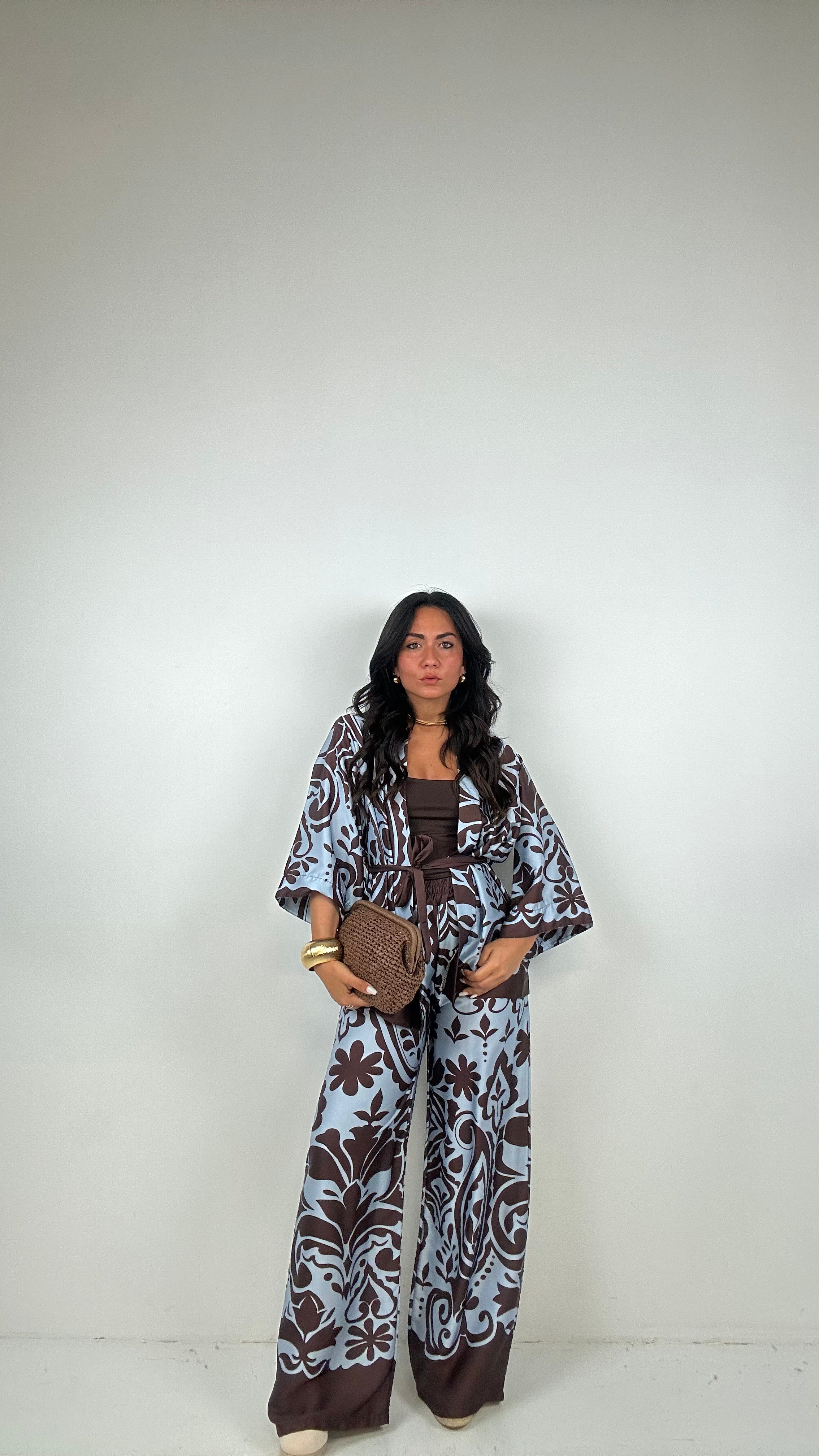 Completo KIMONO FANTASY - MARRONE-CELESTE
