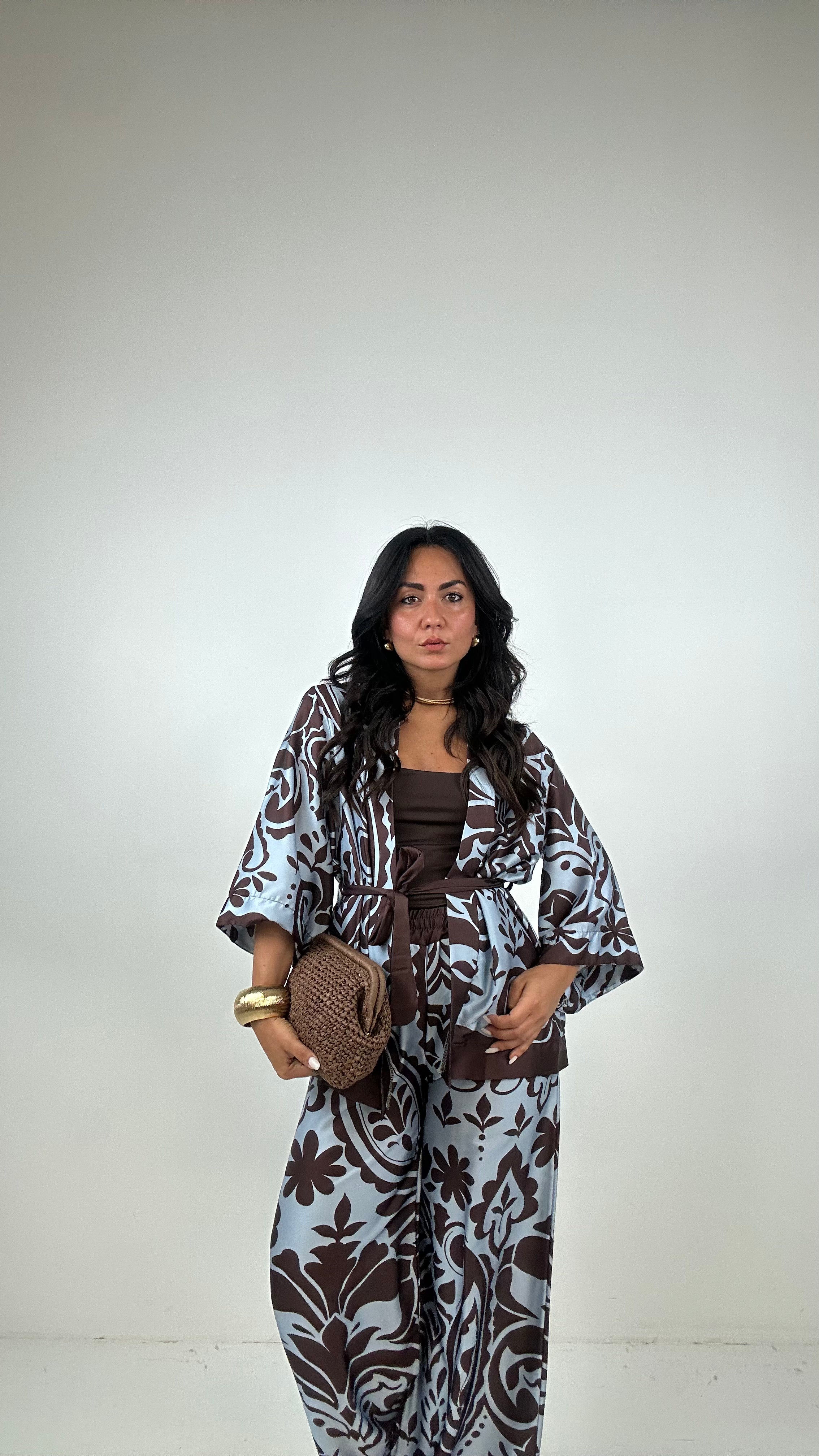 Completo KIMONO FANTASY - MARRONE-CELESTE
