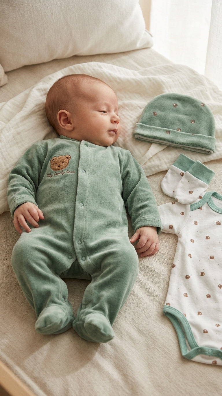 Set NASCITA TUTINA+BODY+CAPPELLO+MUFFOLETTE - VERDE