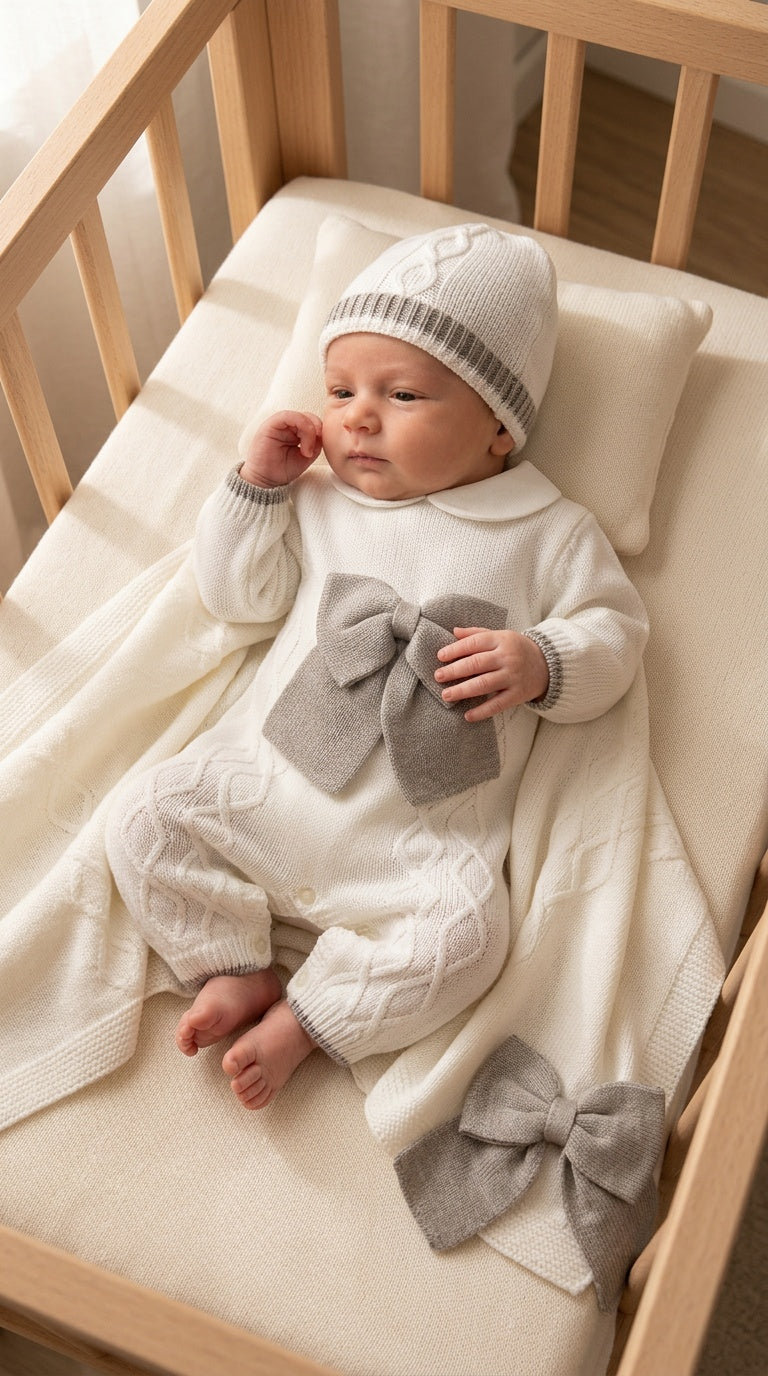 Set NASCITA TRECCIA CON FIOCCO - BEIGE